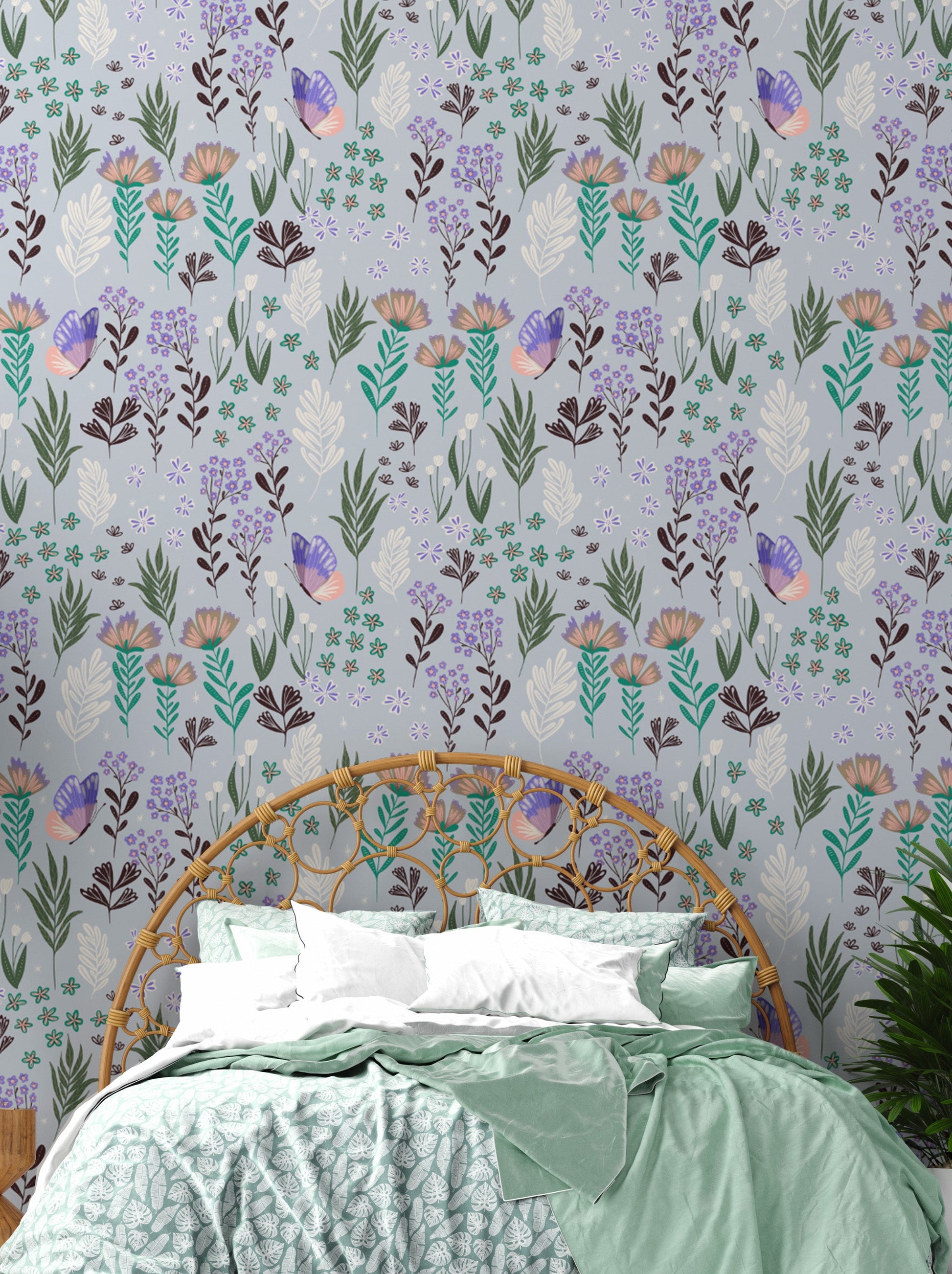 Artistic purple wallpaper with a serene butterfly meadow design.