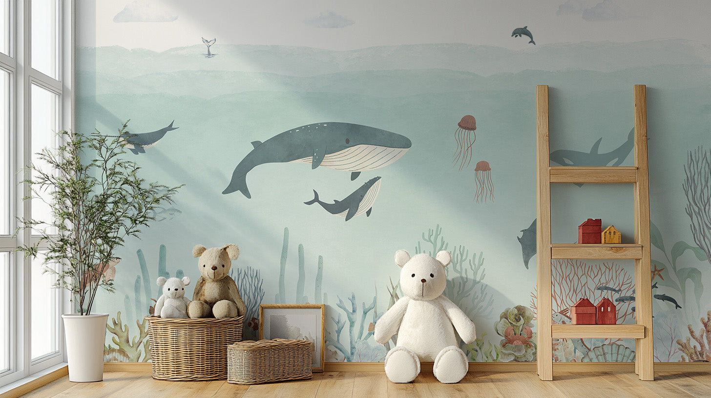 Magical sea adventure mural in blue for kids