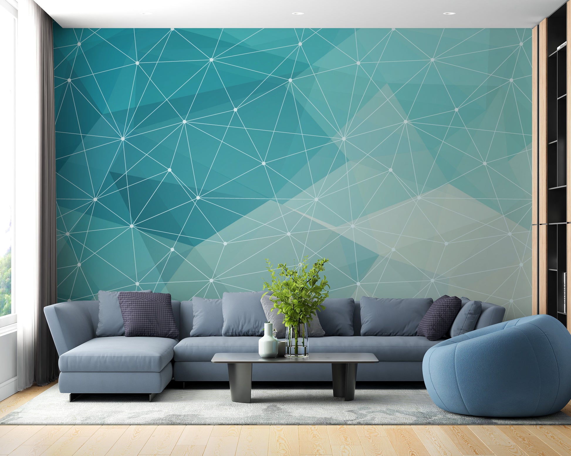 Blue geometric wallpaper with white lines.