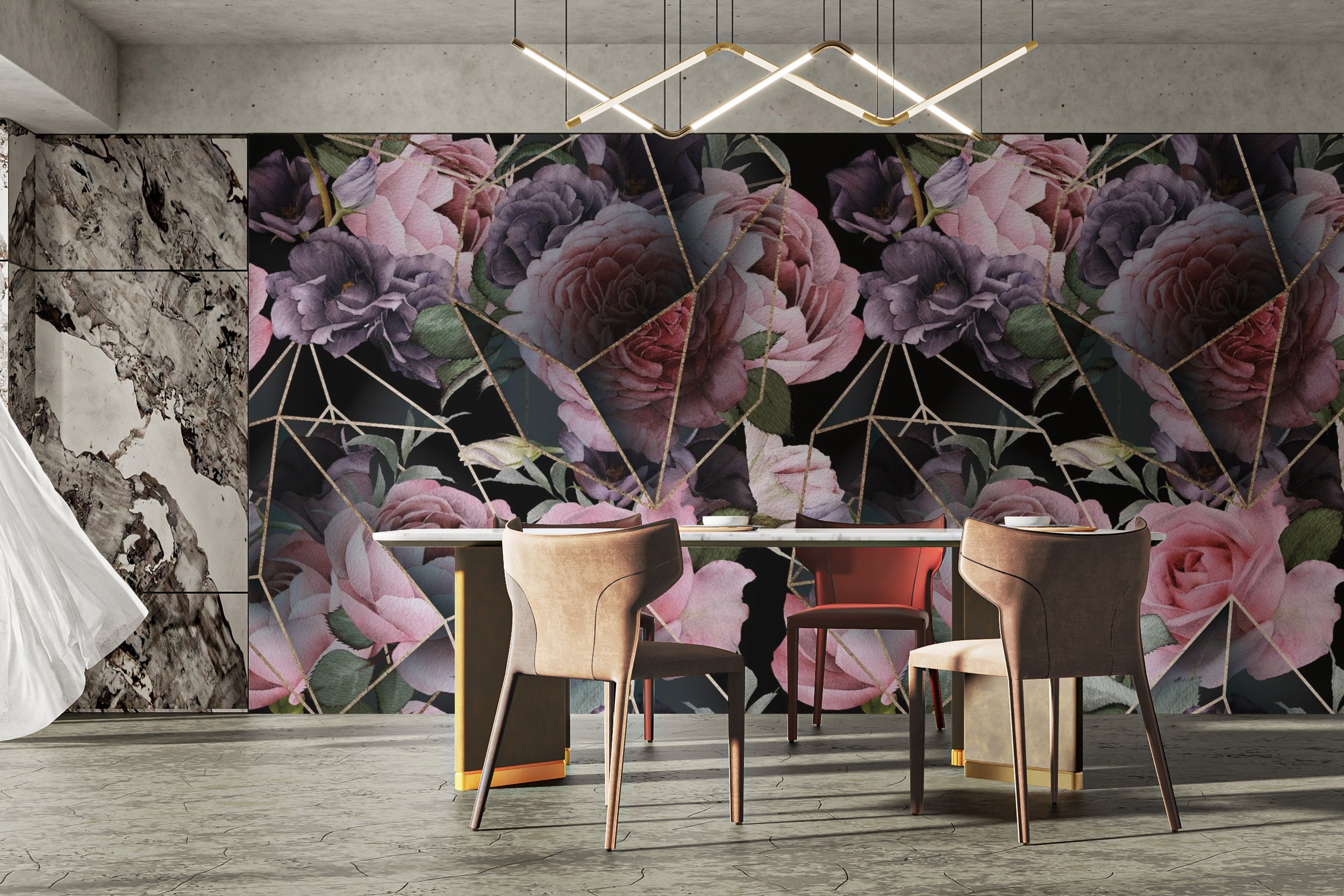 Pink Flowers in Polygons Wallpaper Mural