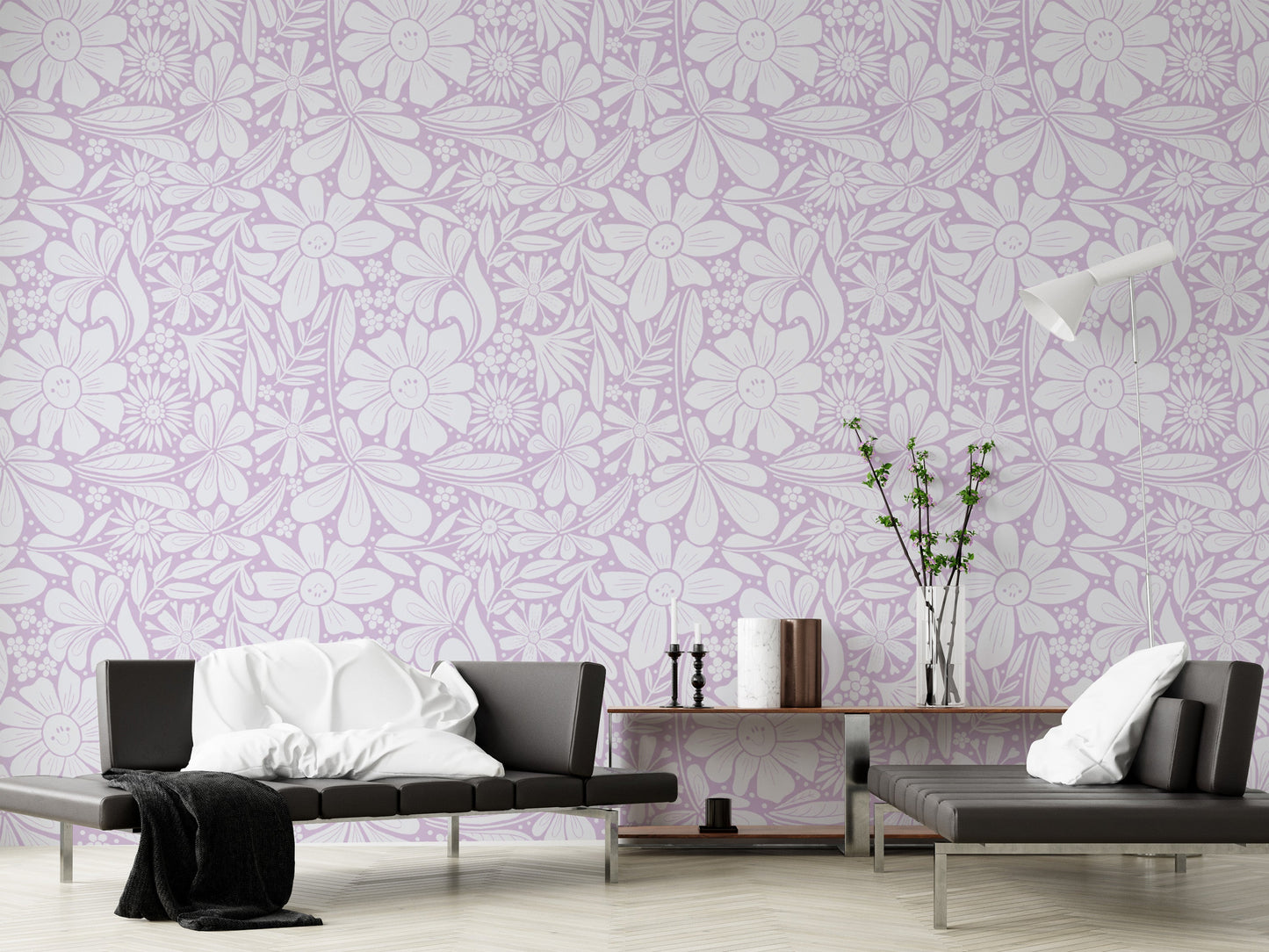 Artistic lilac wallpaper with charming happy blooms motifs.
