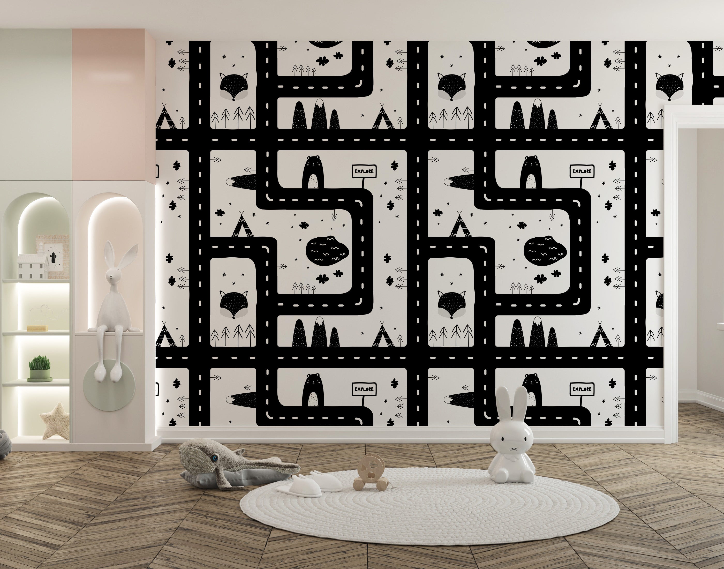 Monochrome city road pattern wallpaper mural.