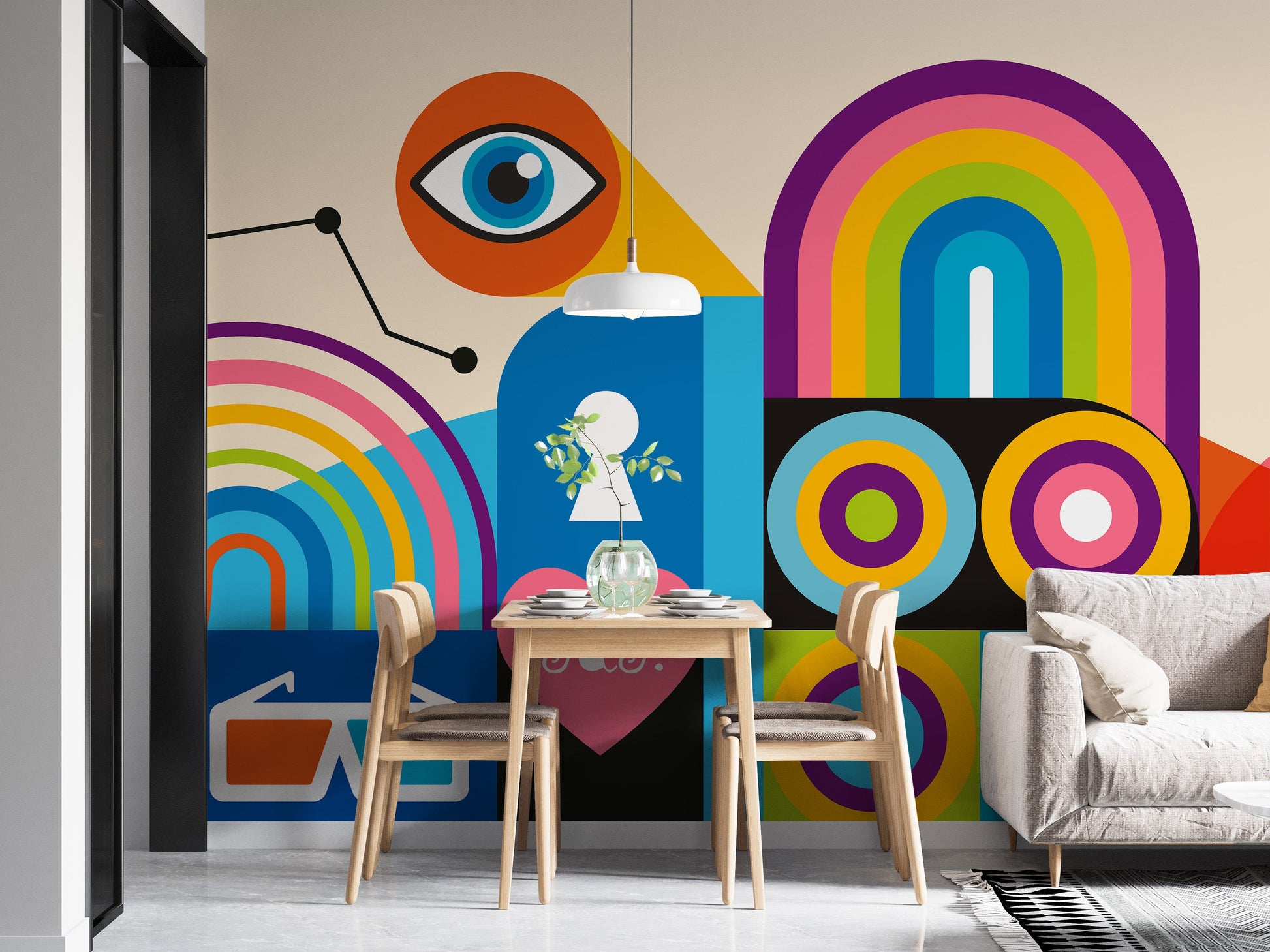 Vibrant geometric art mural wallpaper for modern homes.