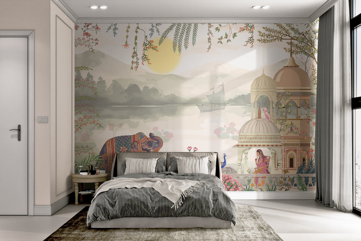 Indian royal-themed wallpaper mural featuring lakes, domes, and flora.