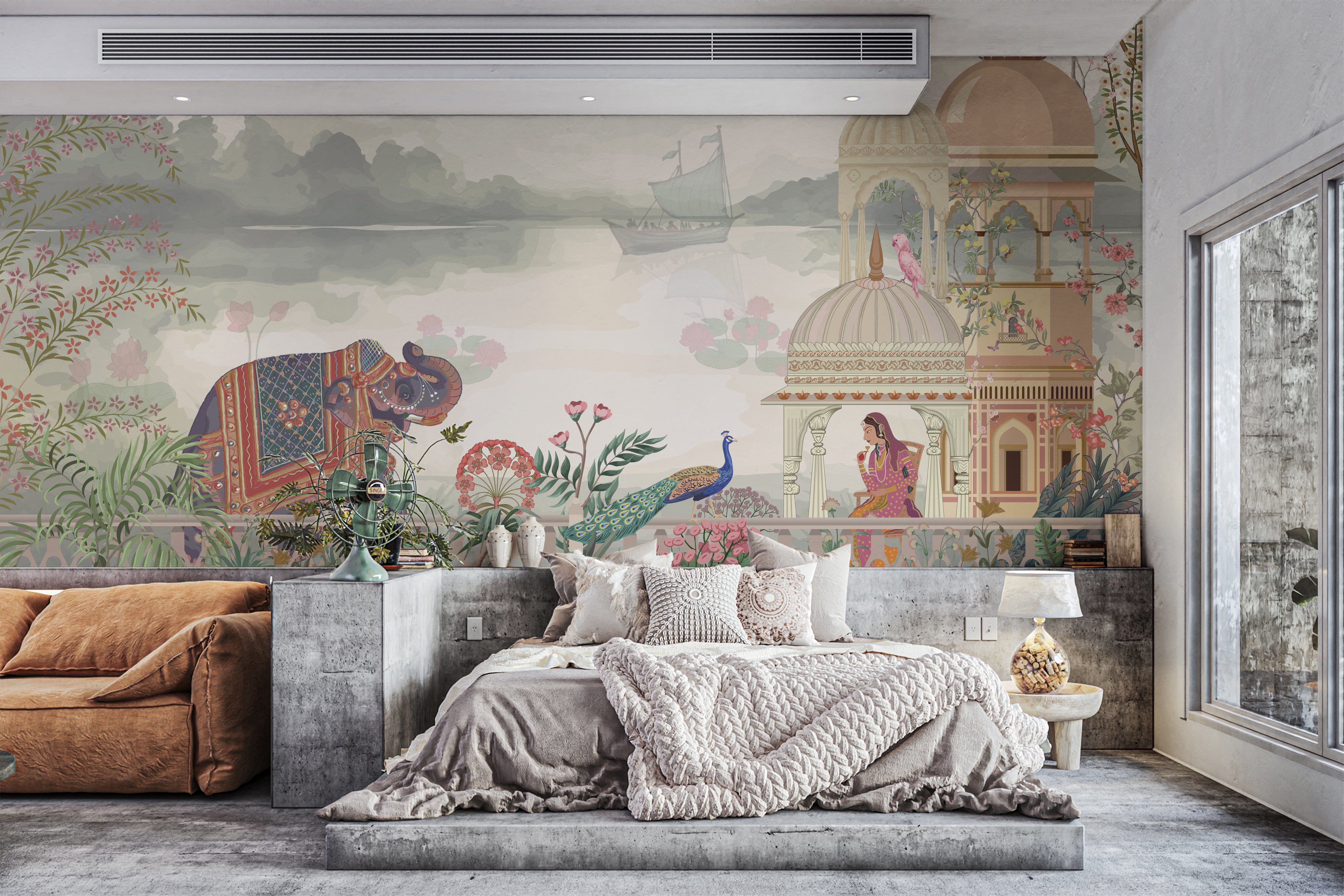 Decorative mural with peacocks, elephants, and serene Indian architecture.