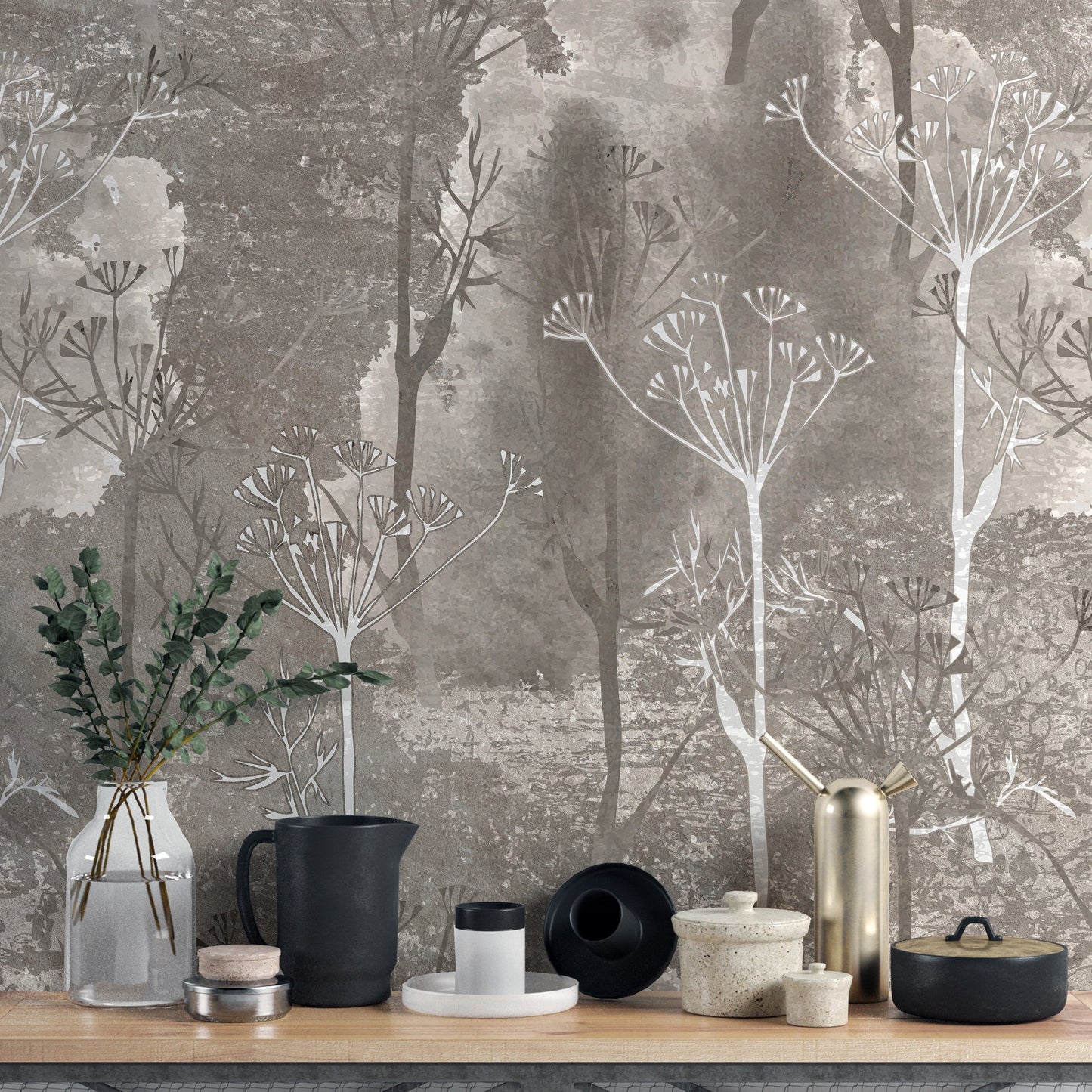 Gentle abstract forest wall mural in sepia hues
