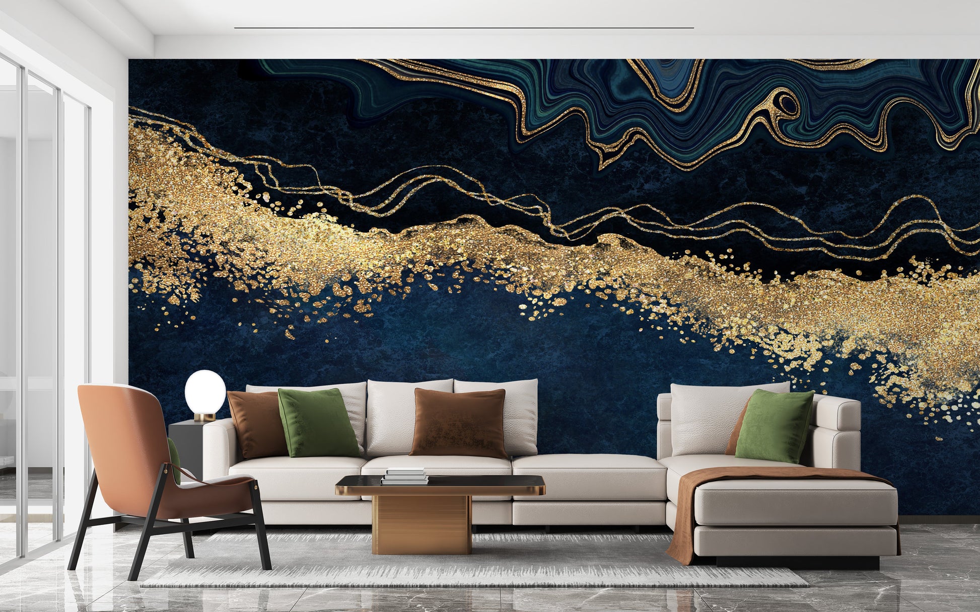 Exquisite Marble Gold Blue Wallpaper Mural - Giffywalls