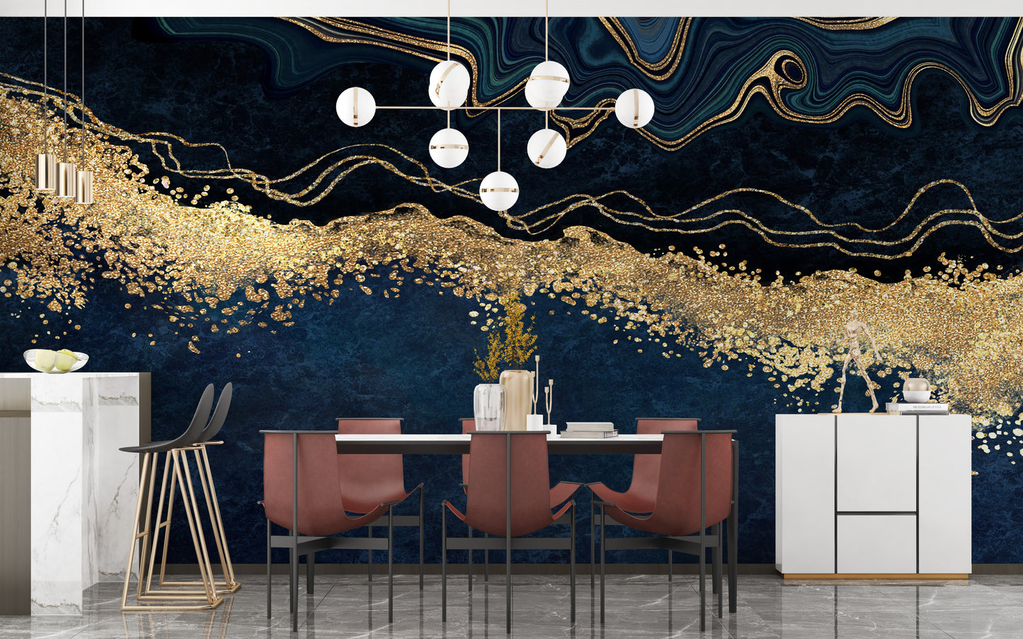 Exquisite Marble Gold Blue Wallpaper Mural - Giffywalls