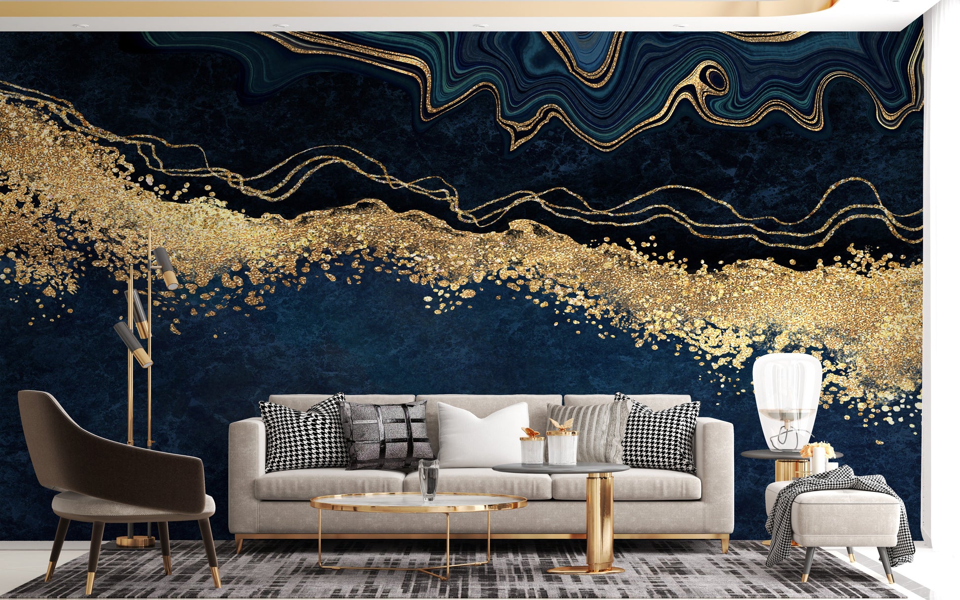 Blue marble wall mural with golden elegance
