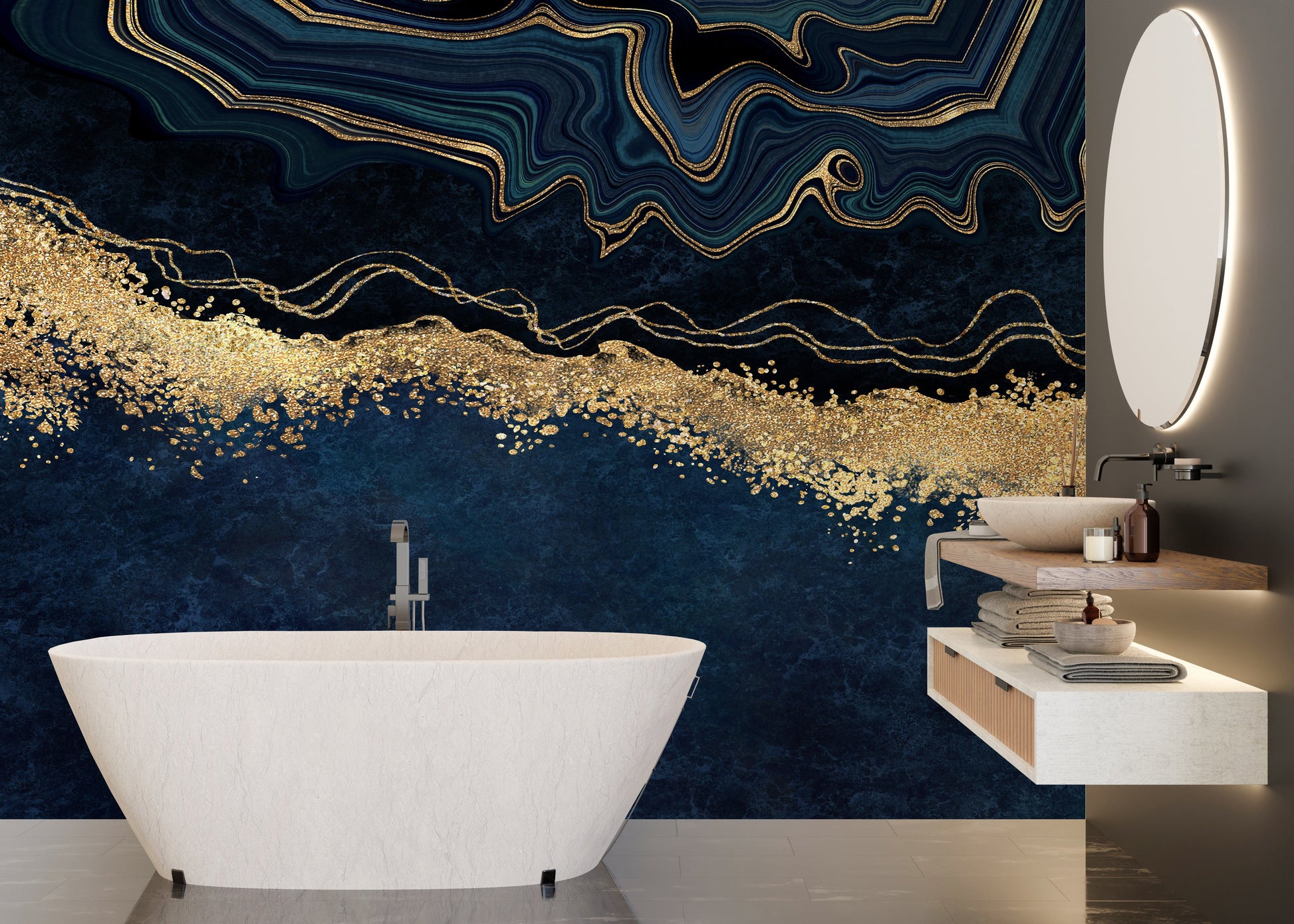 Exquisite Marble Gold Blue Wallpaper Mural - Giffywalls