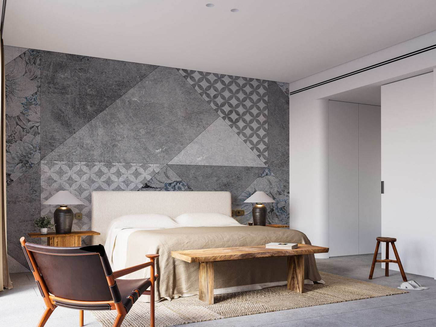 Geometric flowers mural in gray tones
