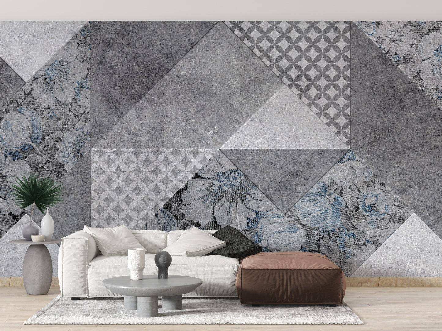 Unique floral mural with gray geometry
