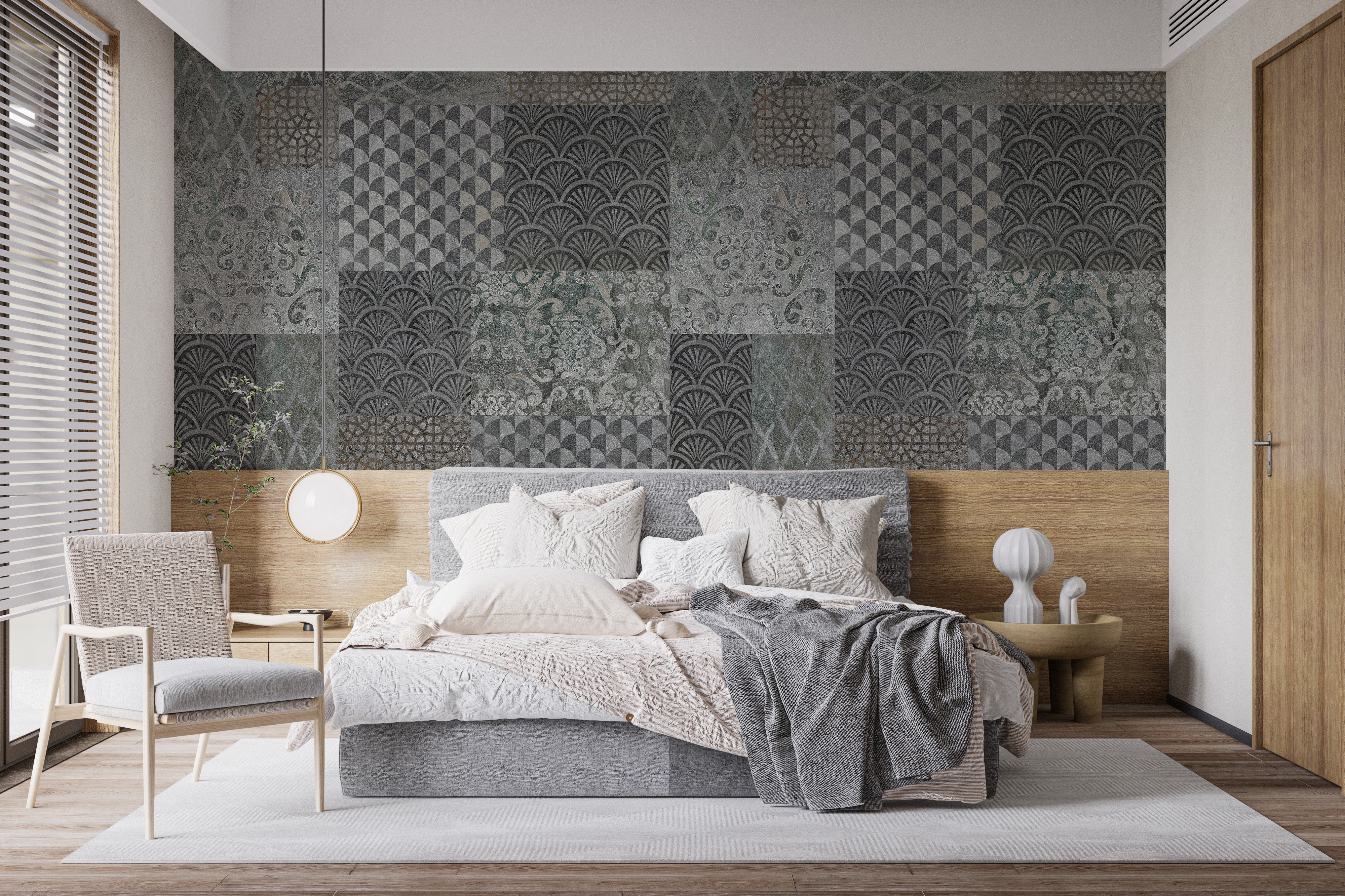 Decorative grey concrete Art Deco mural
