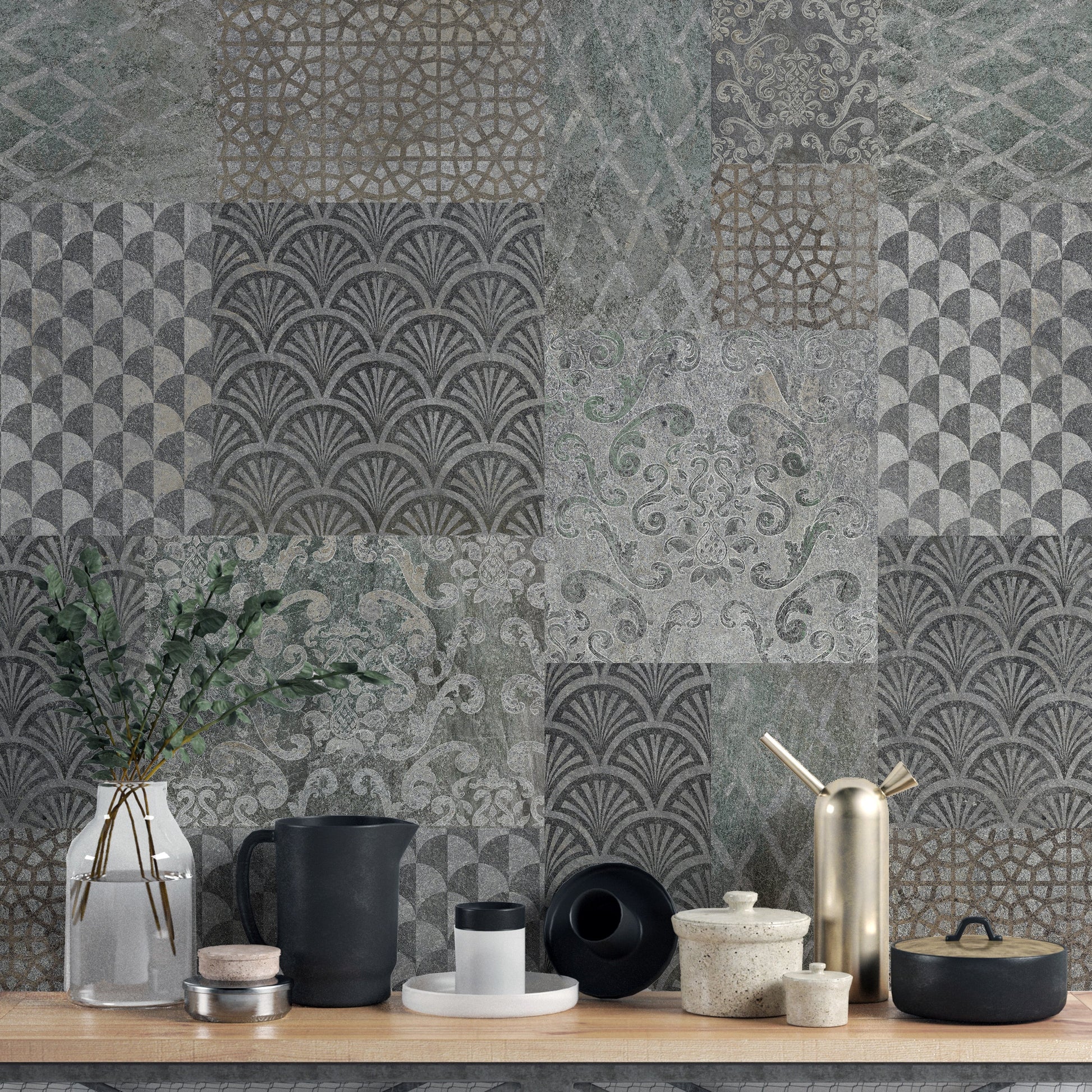 Grey Concrete Pattern Art Deco Patchwork Wallpaper Murals - Giffywalls