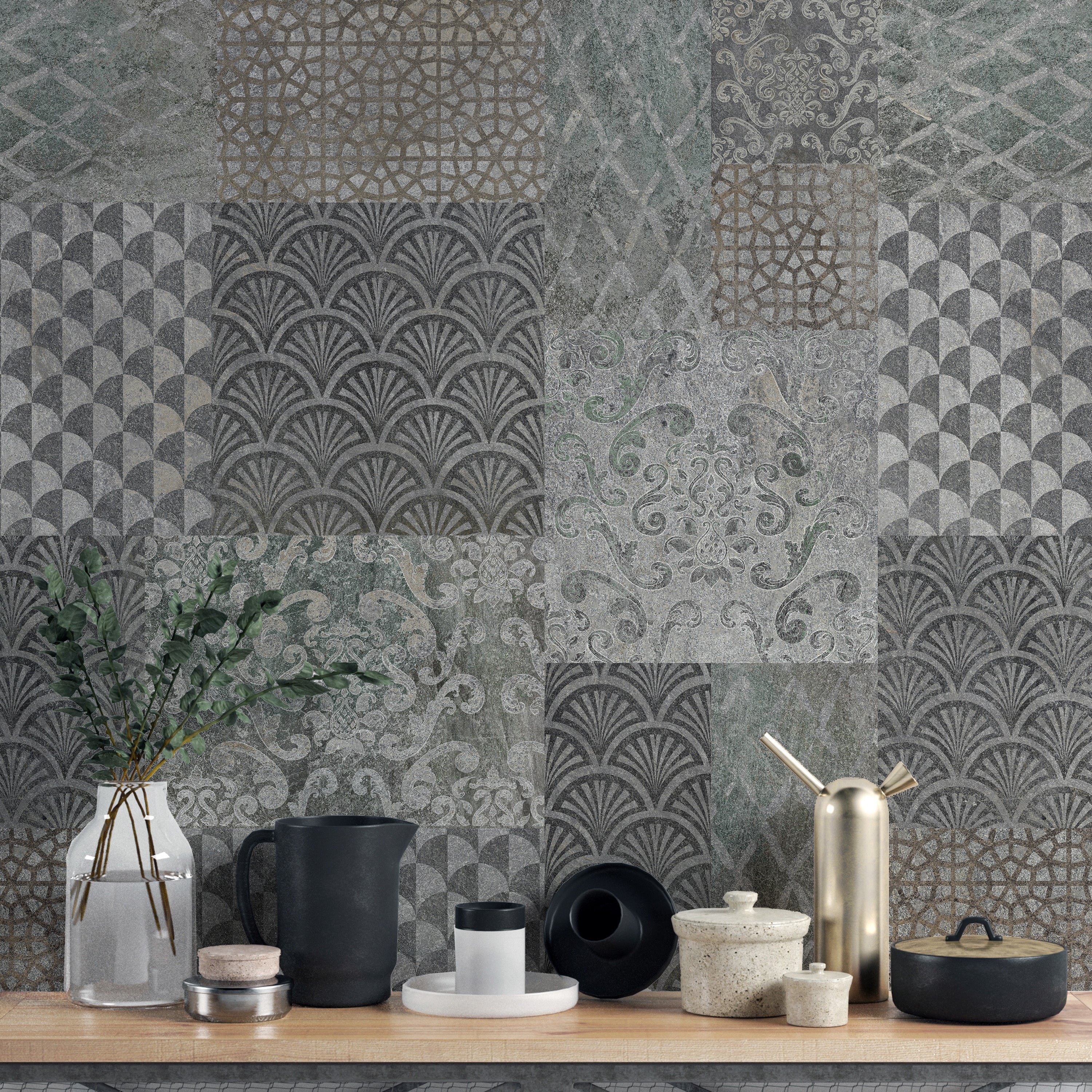 Grey Concrete Pattern Art Deco Patchwork Wallpaper Murals - Giffywalls