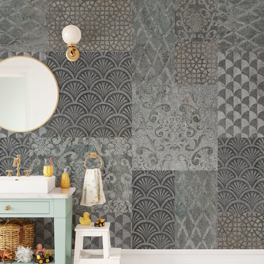 Art Deco grey concrete patchwork mural
