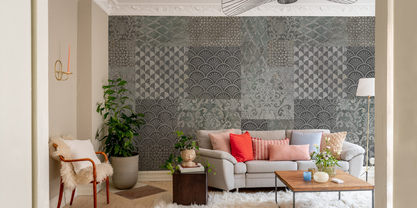 Grey Concrete Pattern Art Deco Patchwork Wallpaper Murals - Giffywalls