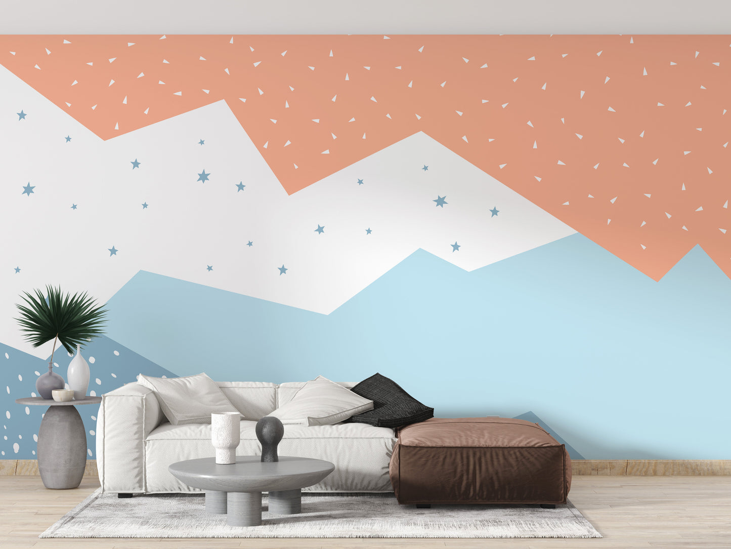 Geometric mountain wall decor with vivid hues
