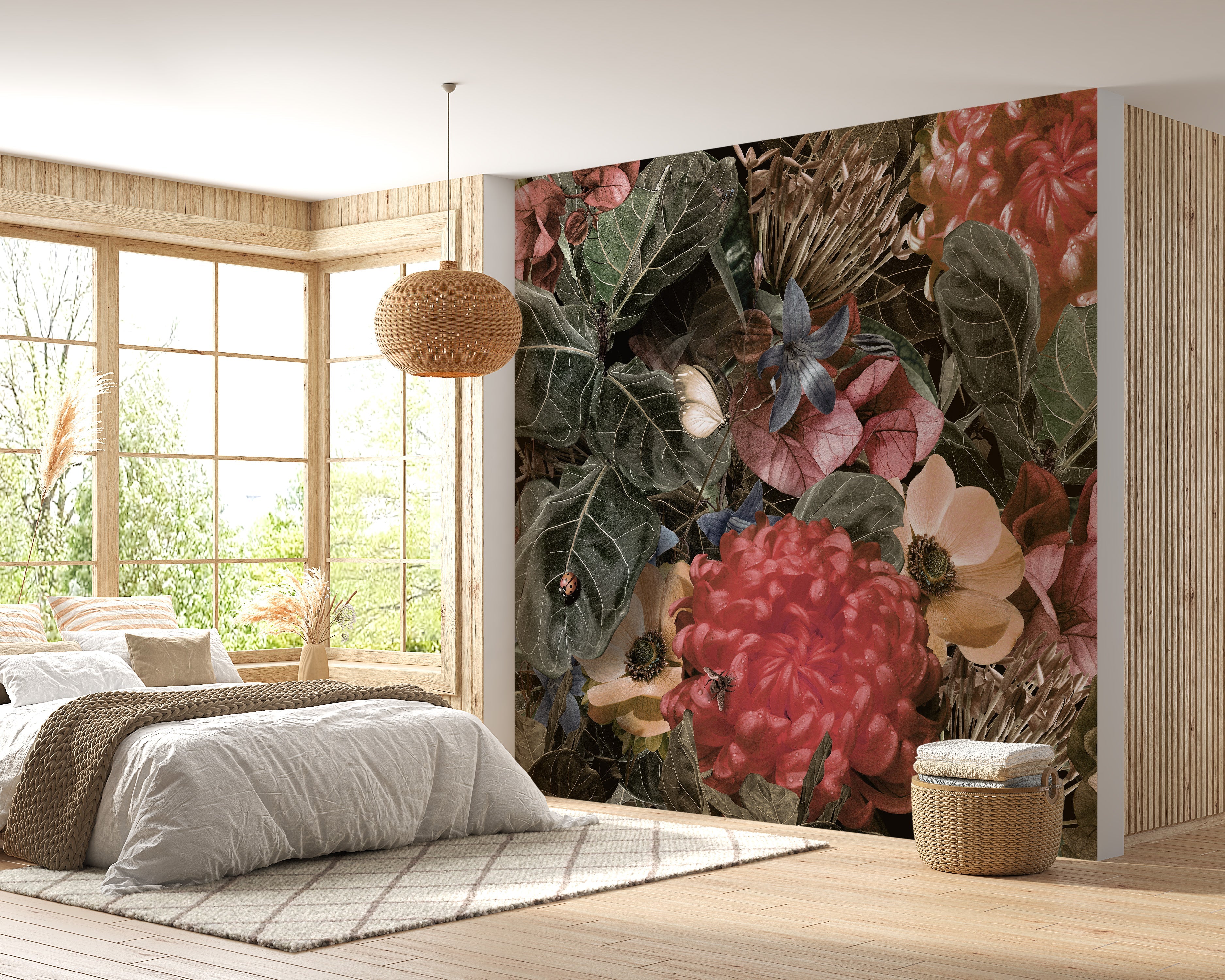 Red Green Tropical Leaves & Floral Wallpaper Mural - Giffywalls