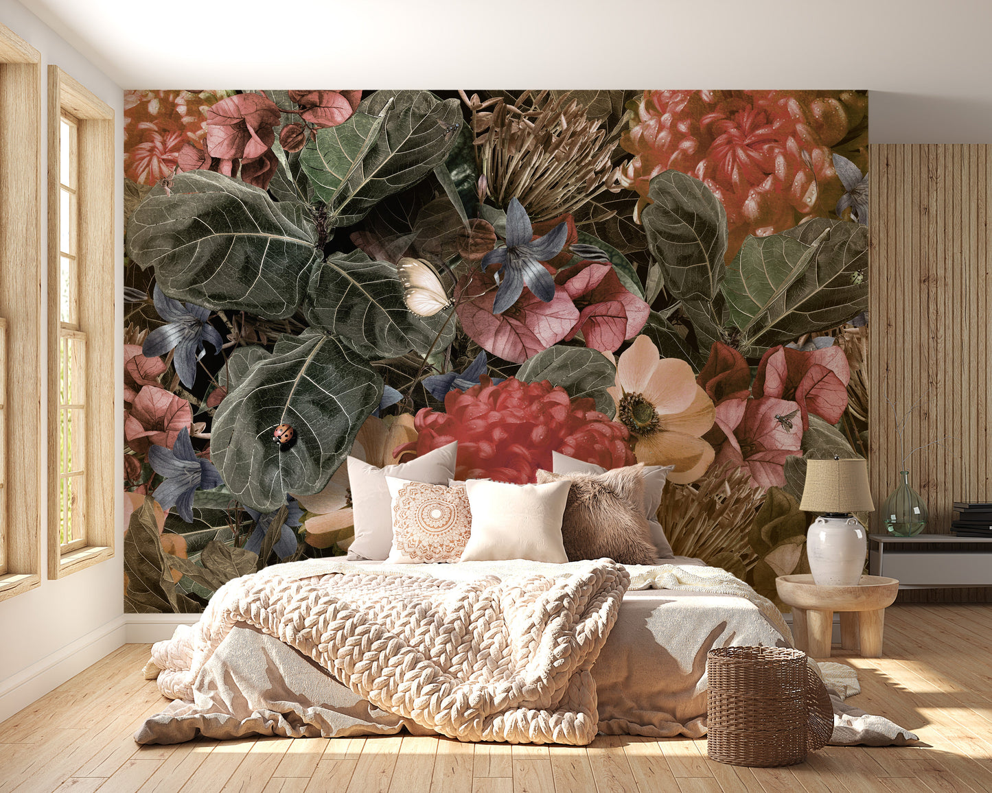 Red Green Tropical Leaves & Floral Wallpaper Mural - Giffywalls