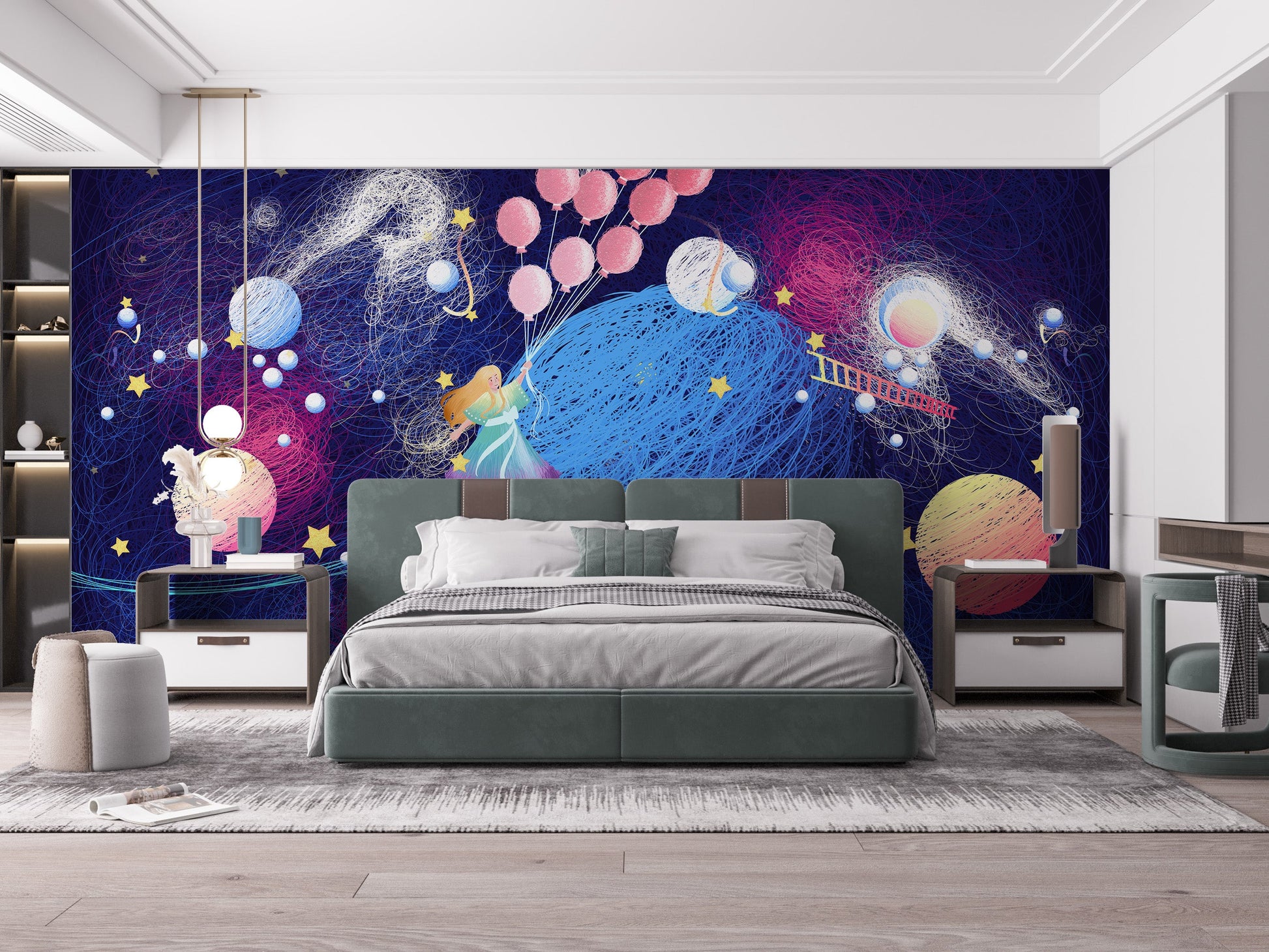 Girl with balloons on planet wall mural
