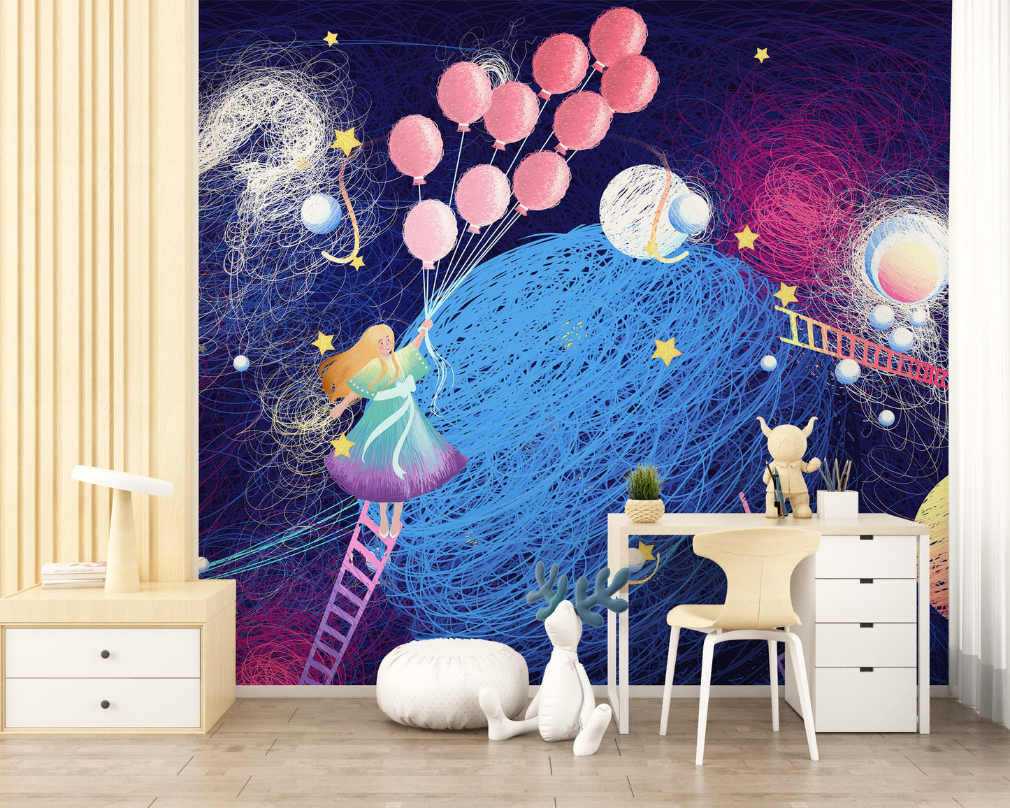 Whimsical wallpaper with girl and balloons
