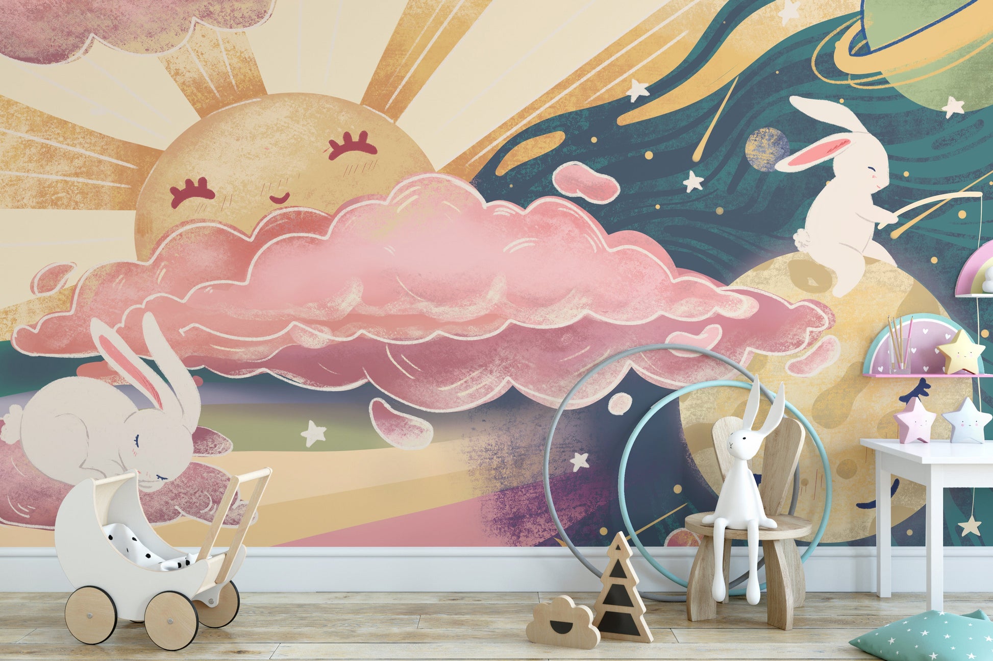 Pink and yellow sky mural with sun design