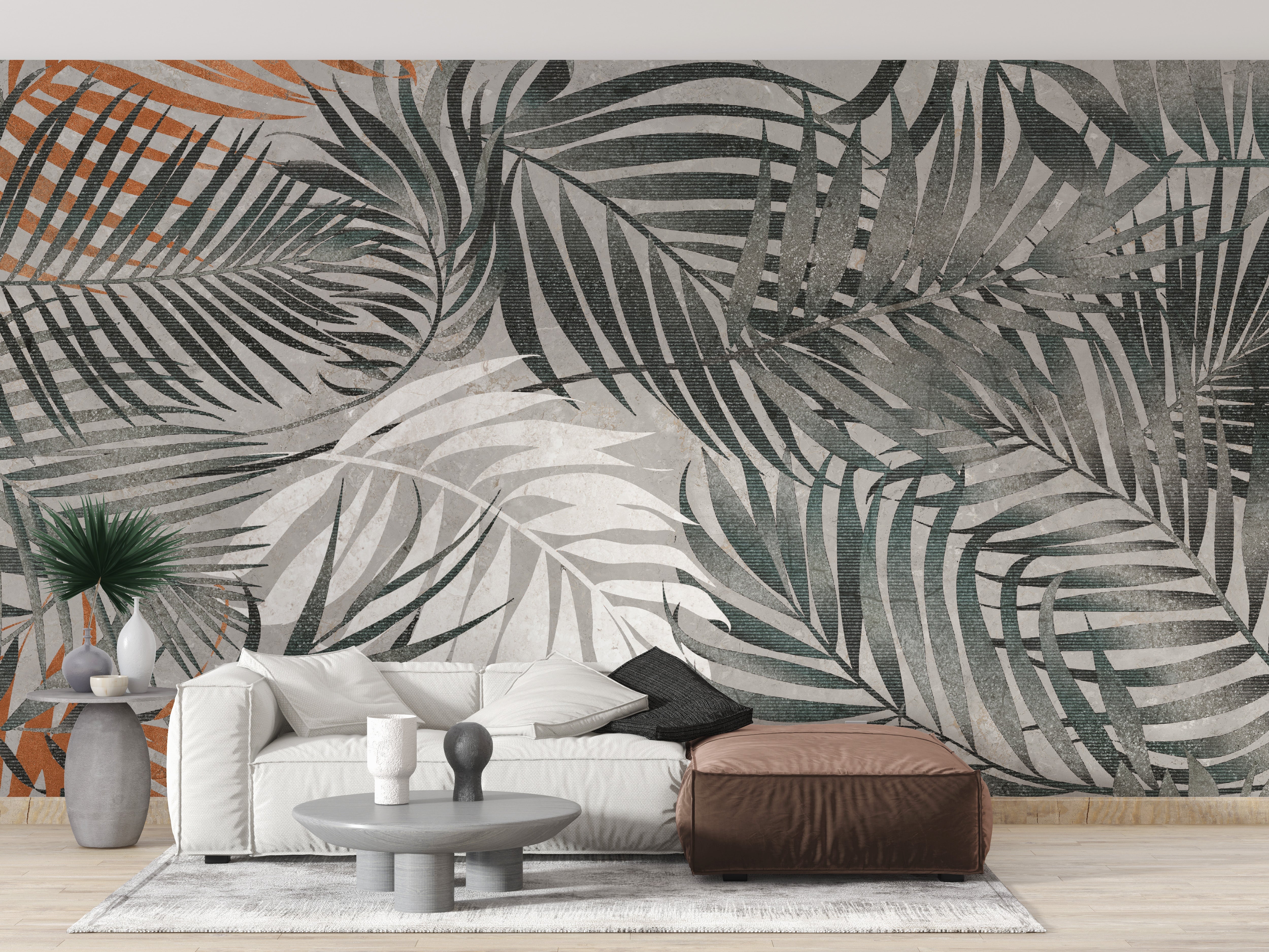 Grey Tropical Leaves Wallpaper Mural - Giffywalls