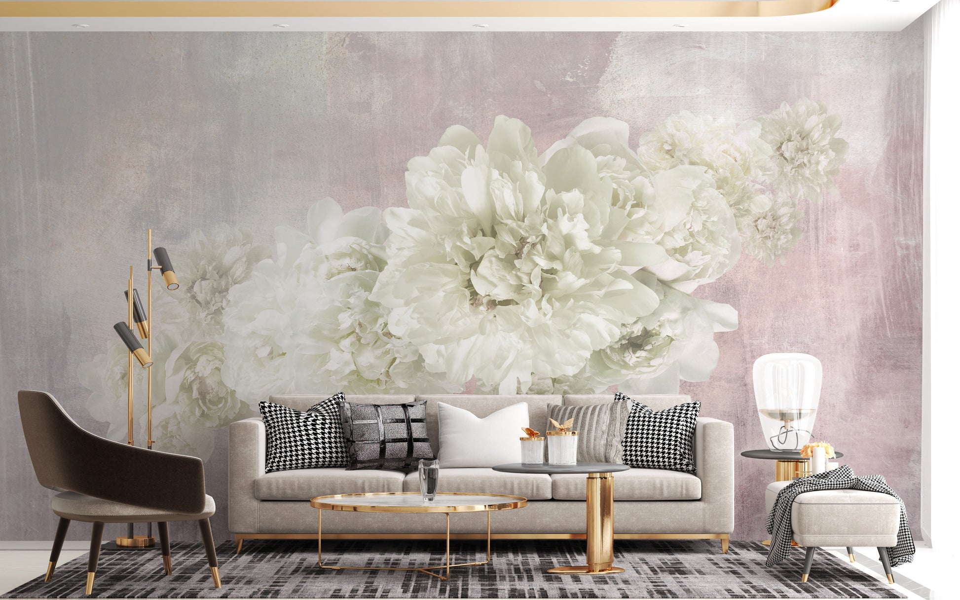 White Peonies On Pink Wallpaper Mural - Giffywalls