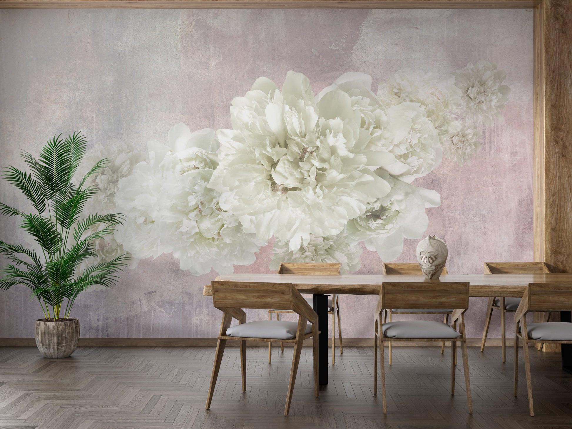 Artistic peonies mural on soft pink tones