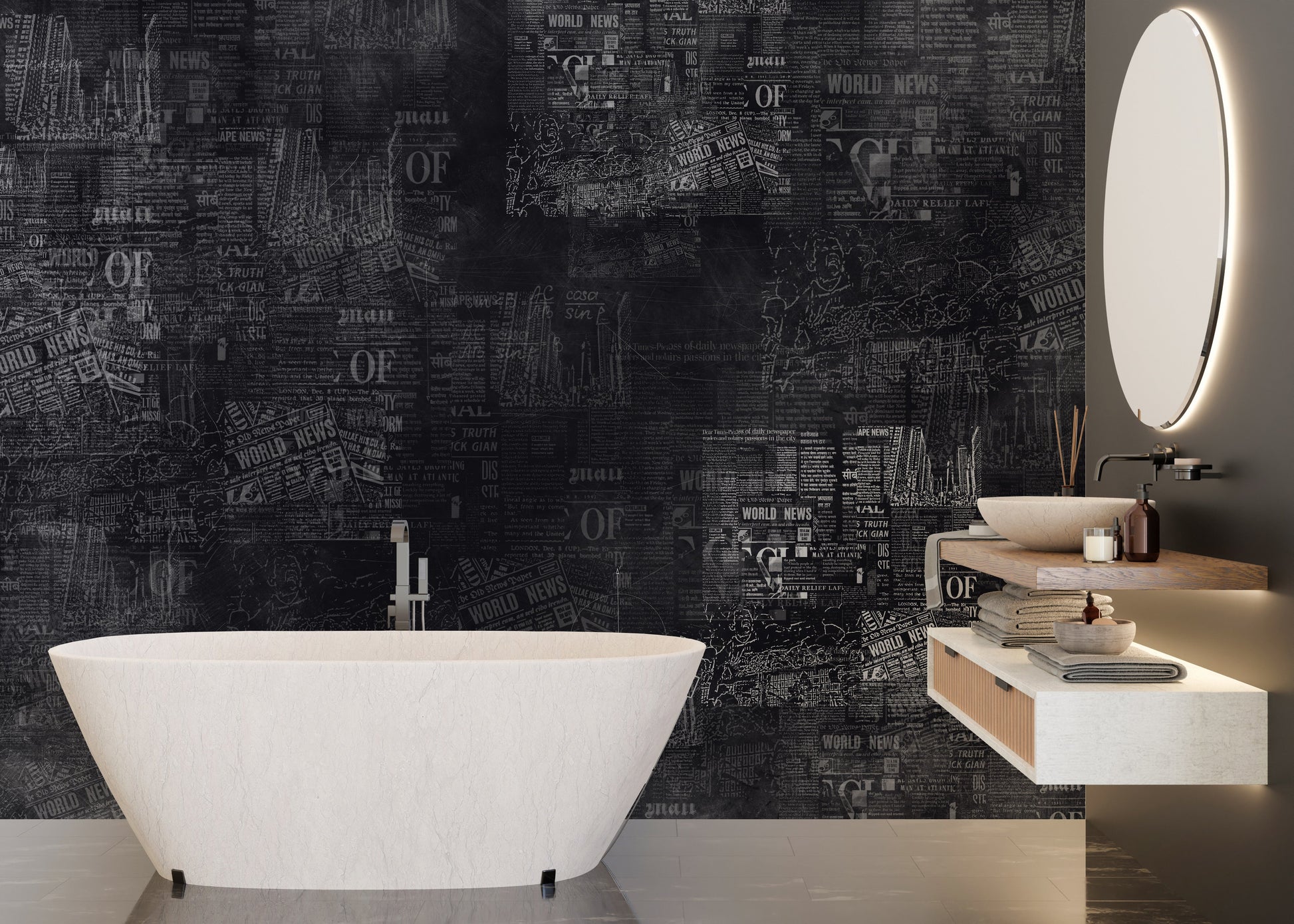 Dark newspaper headlines wallpaper mural for walls