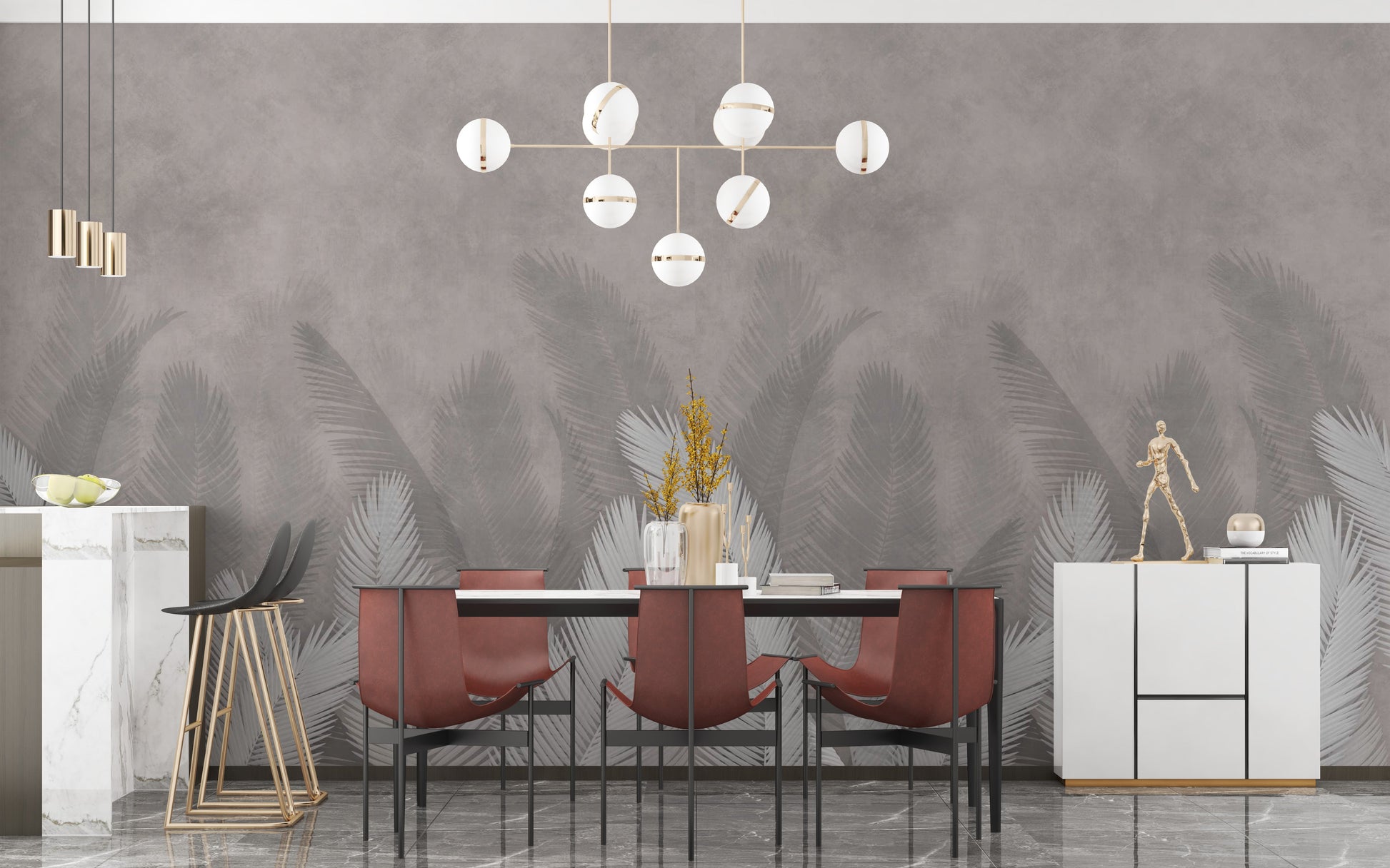 Modern palm leaves wallpaper with gray backdrop