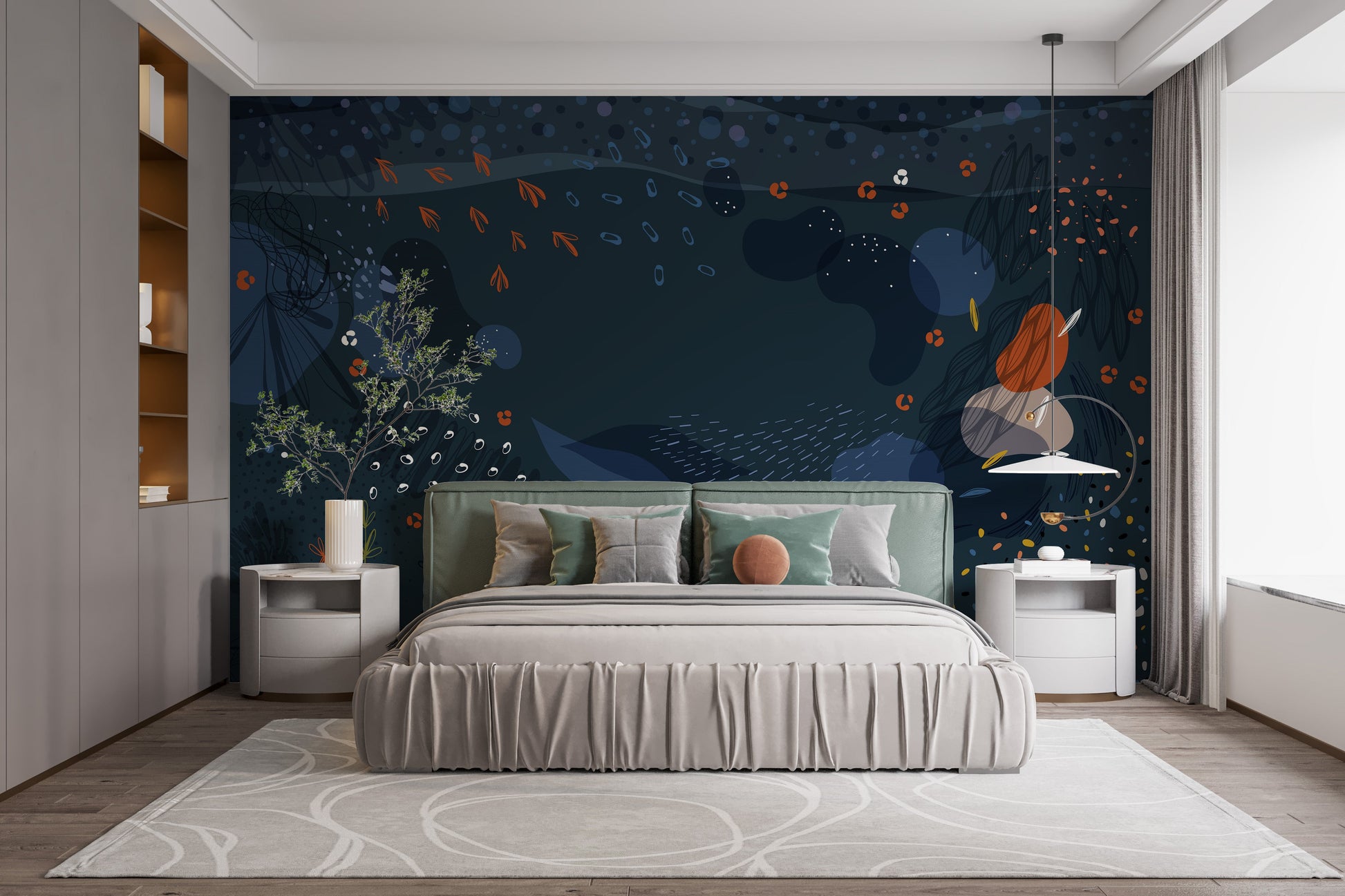 Blue Modern Abstract Floral Wallpaper Mural - Giffywalls