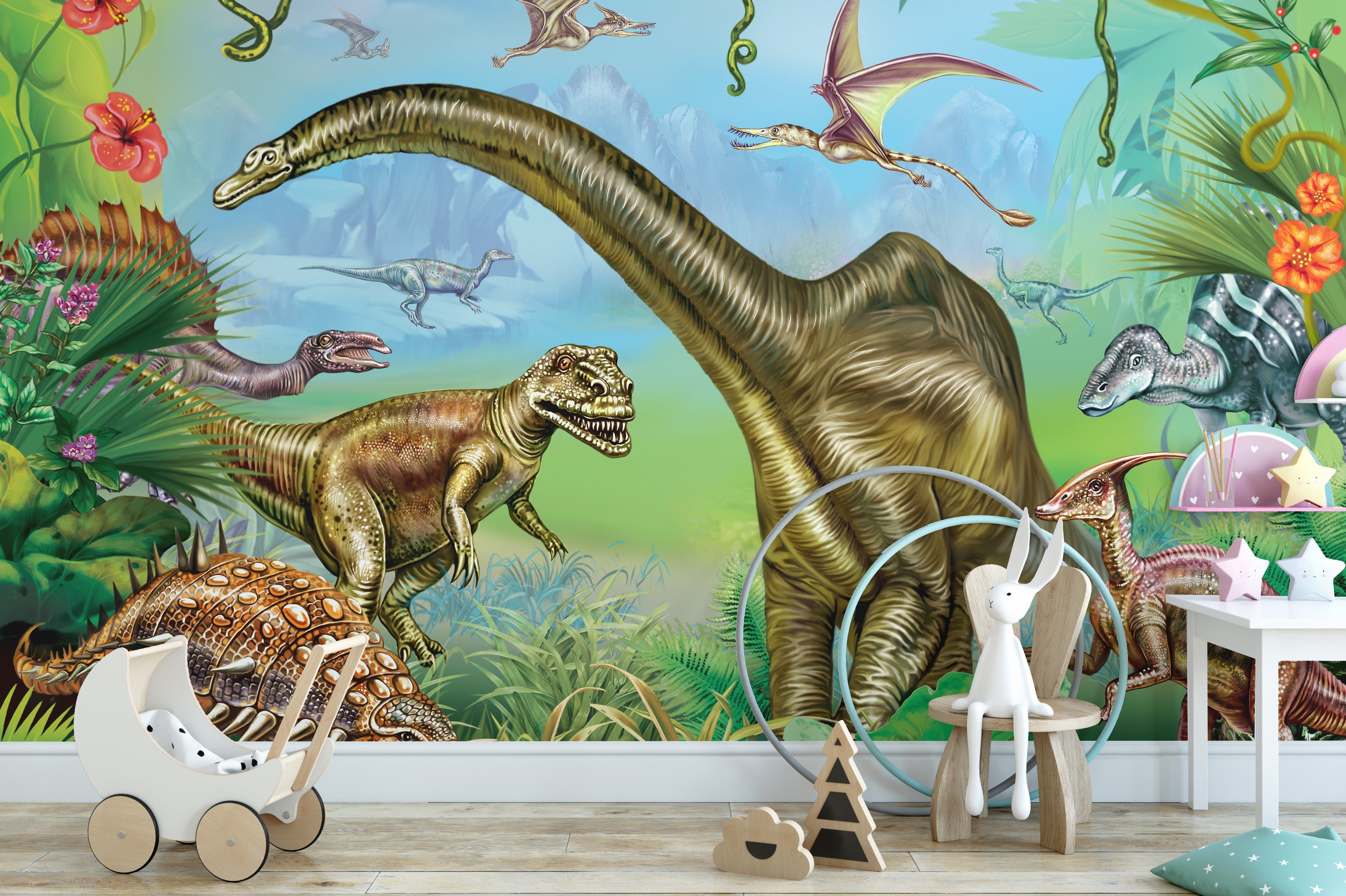 Bright vibrant dinosaur world wallpaper for walls