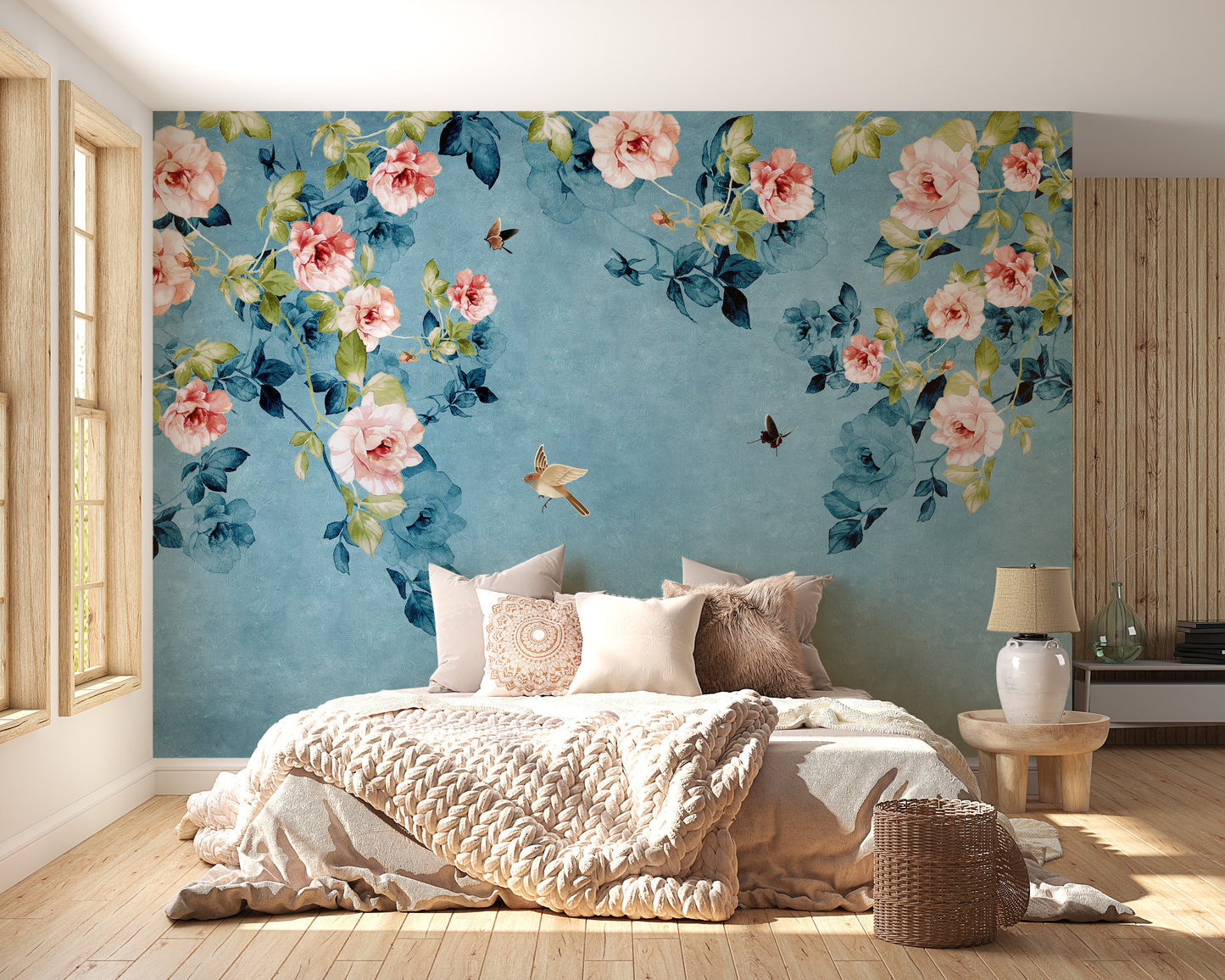 Watercolor Pink Roses on Blue-Green Wallpaper - Giffywalls