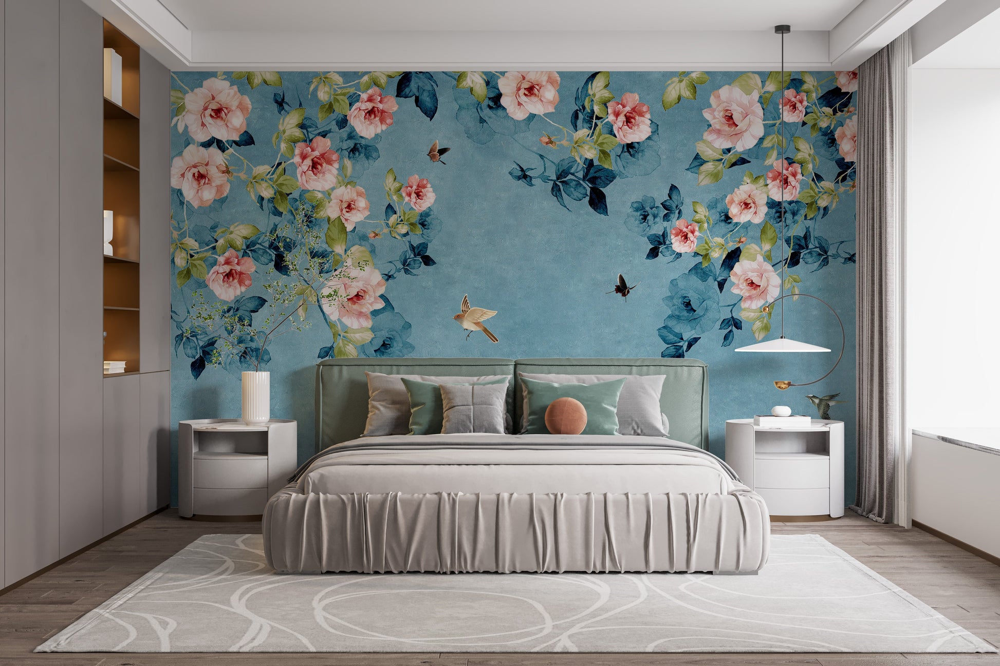 Watercolor Pink Roses on Blue-Green Wallpaper - Giffywalls