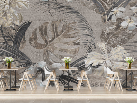 Delica Sepia Flower and leaves Wallpaper Mural