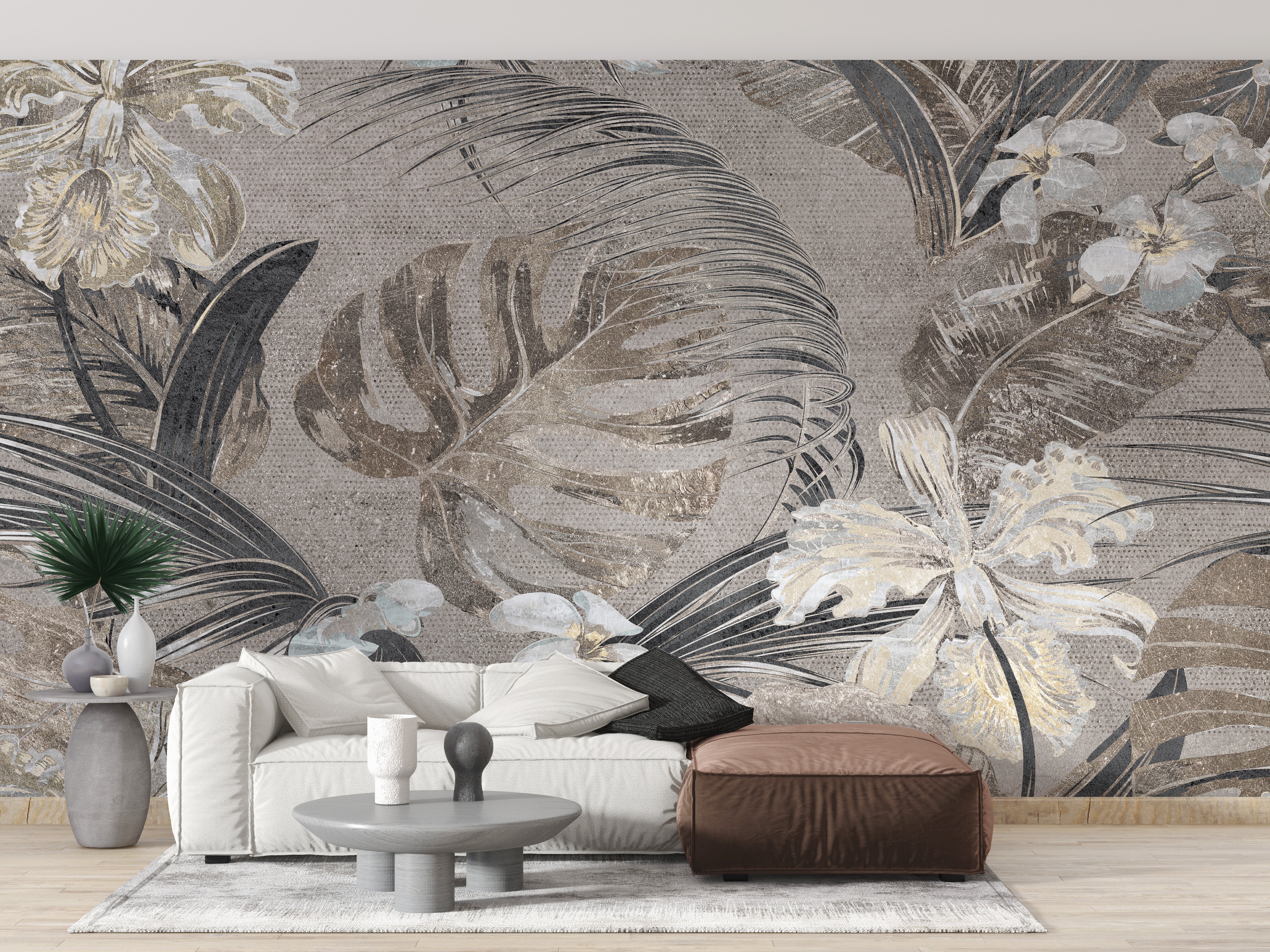 Sepia flower and leaves wallpaper mural design