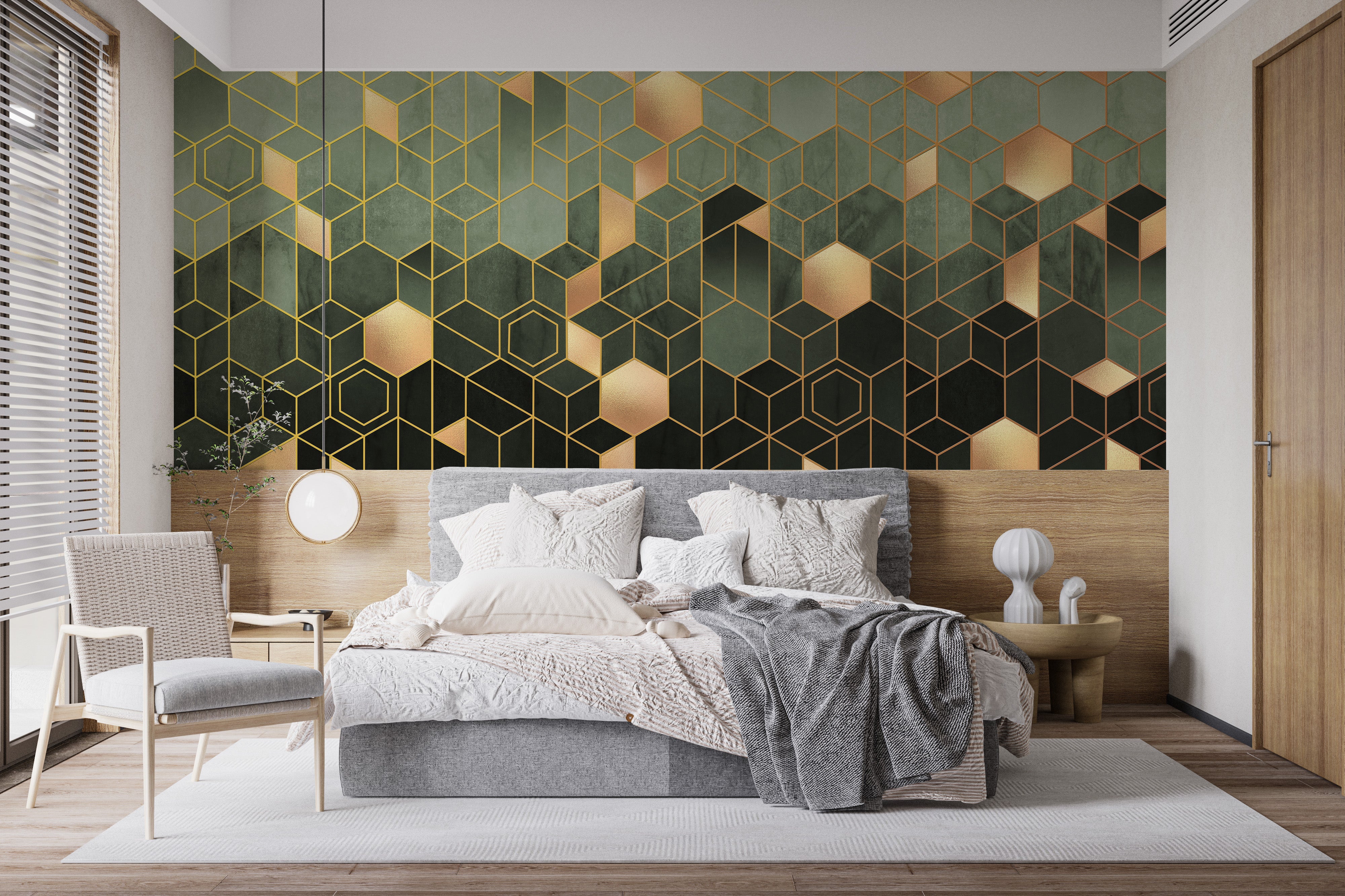 Green and geometric hexagonal wallpaper mural design