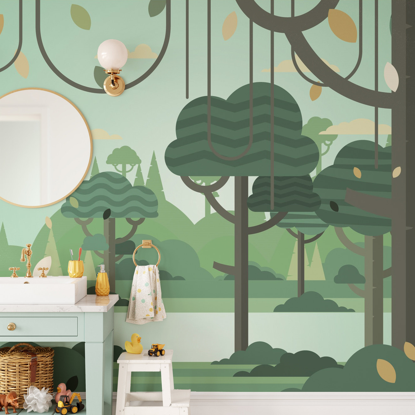 Kids room mural with green botanical prints
