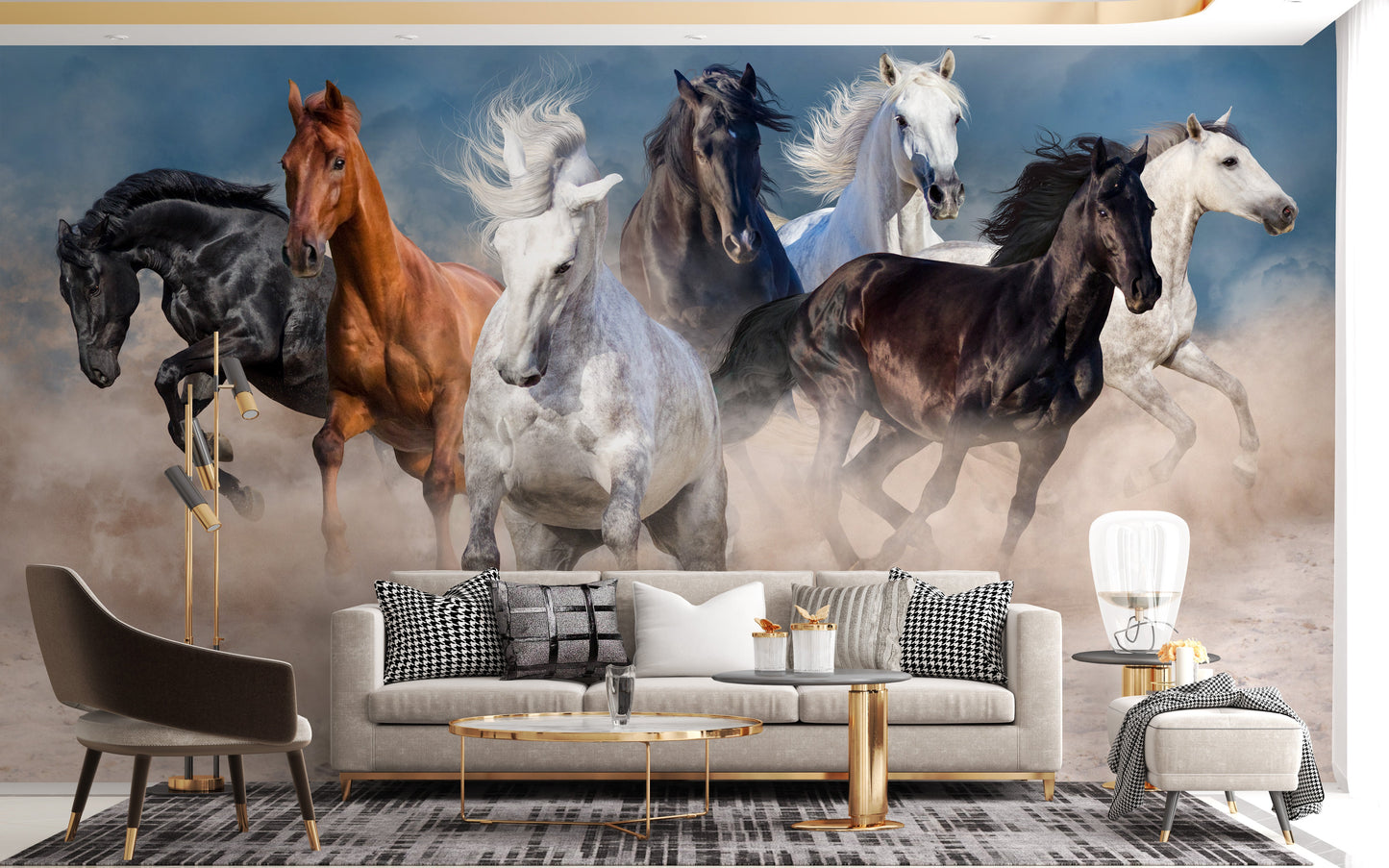 Bold desert mural featuring galloping horses
