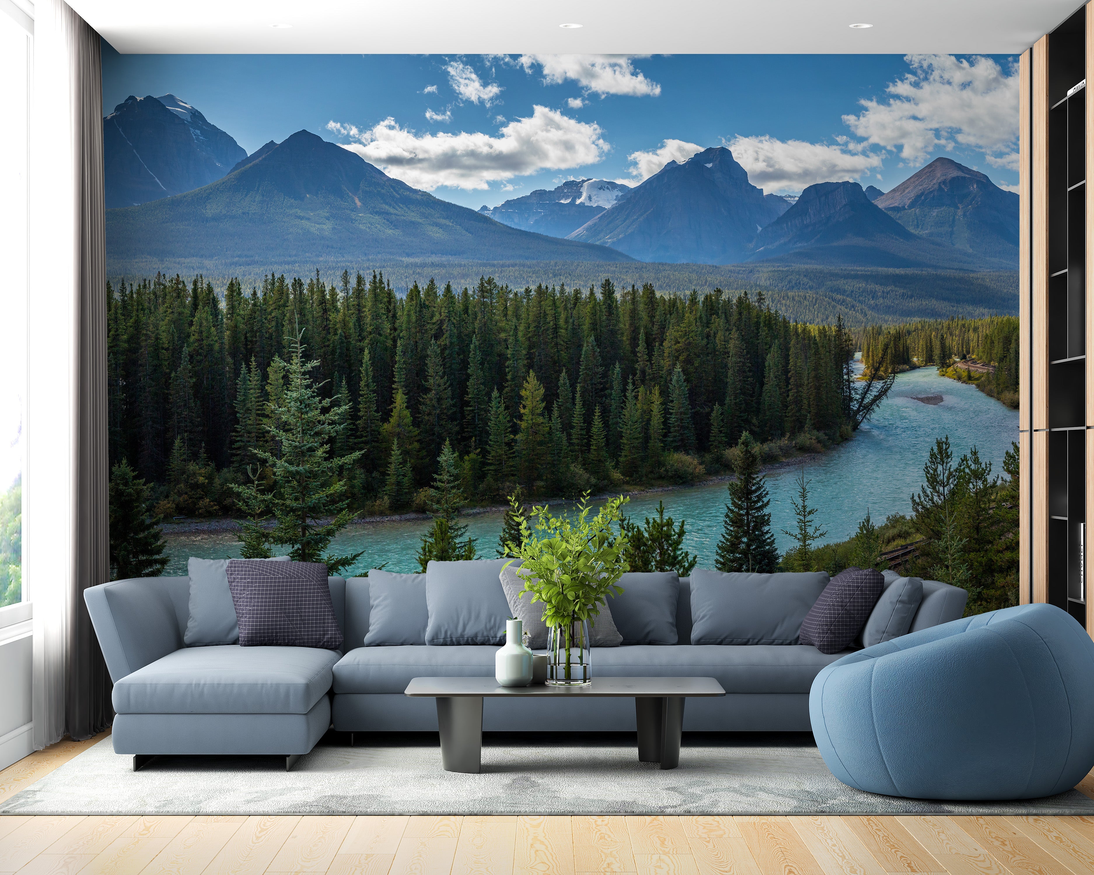 Green & Blue Natural Mountain Floating River Wallpaper Mural - Giffywalls