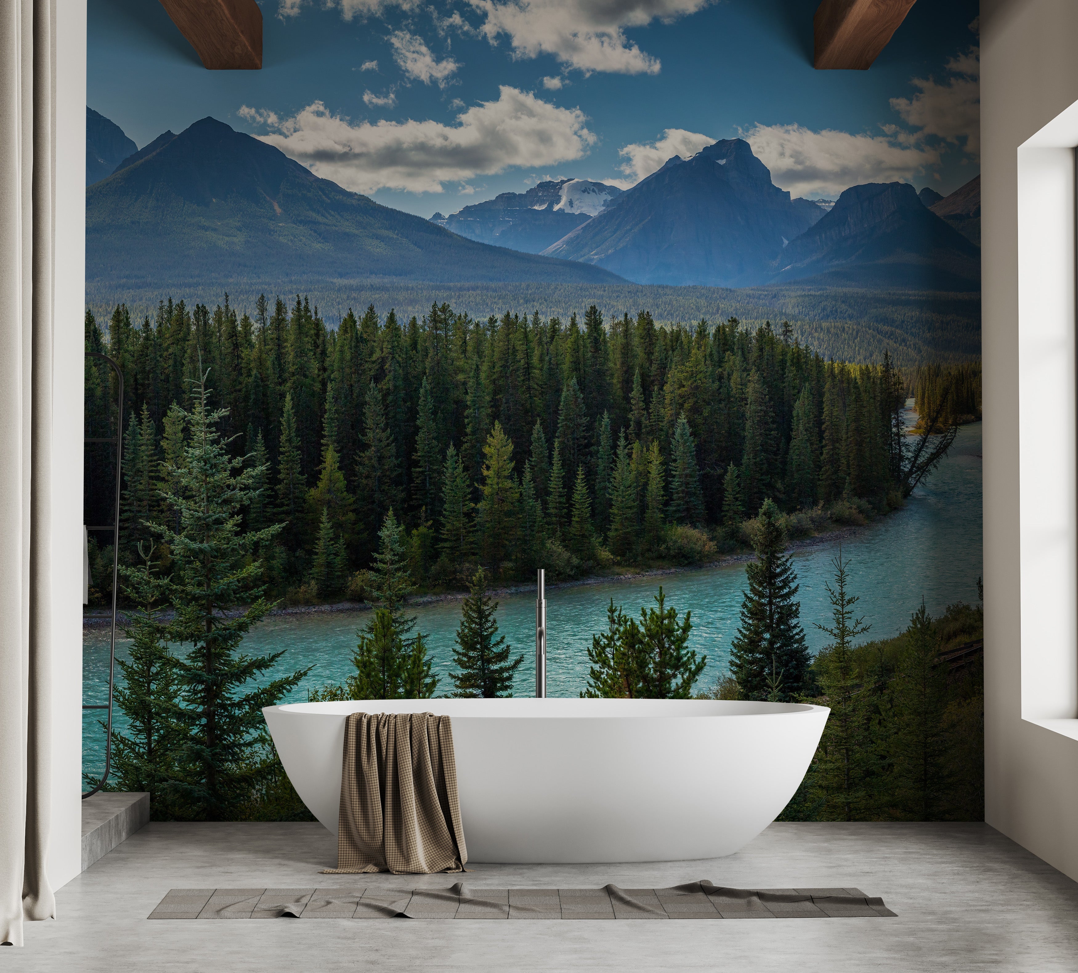 Scenic mountain and river wallpaper mural
