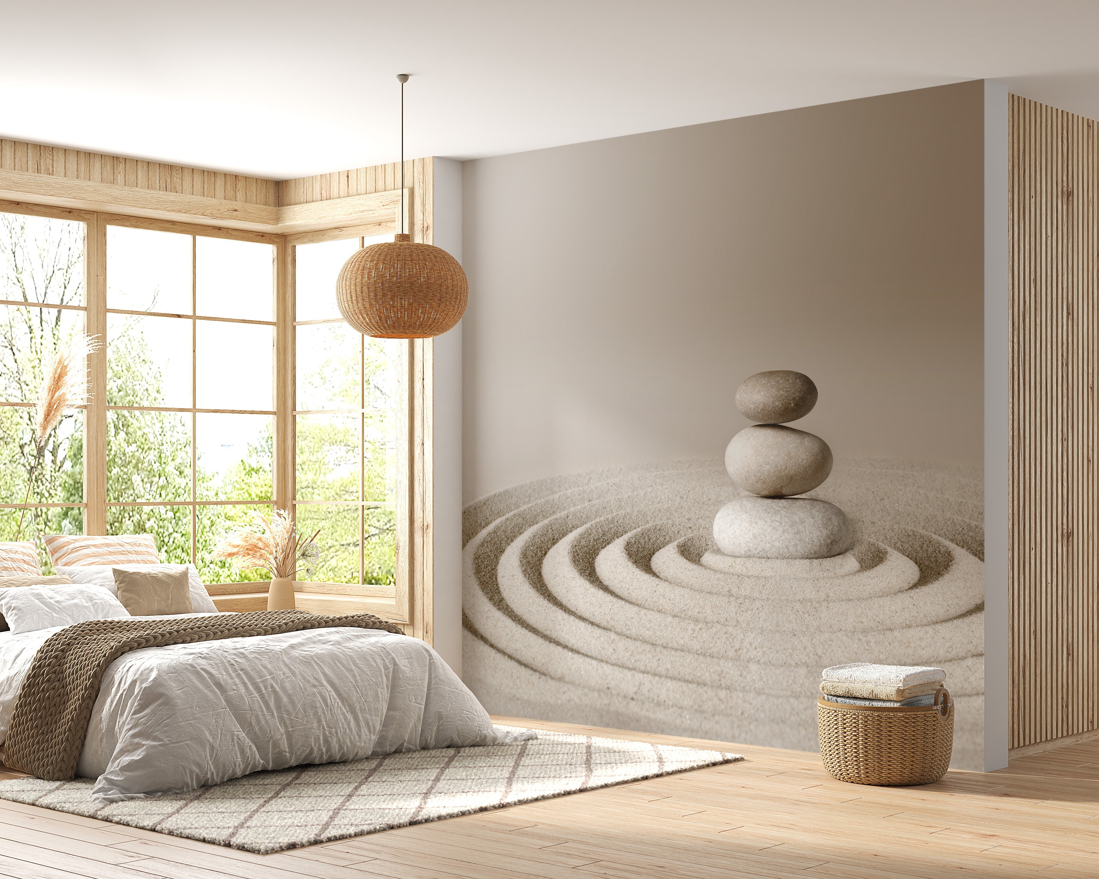 Zen-inspired wallpaper with spa stone design
