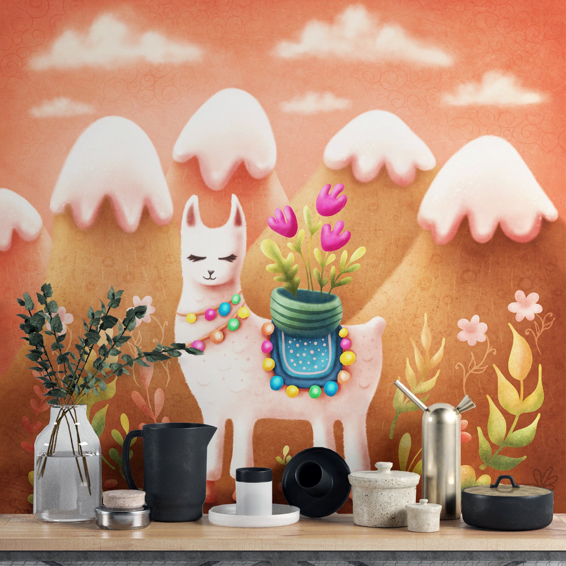 Wander Lama Dusty Mountains Wallpaper Mural - Giffywalls