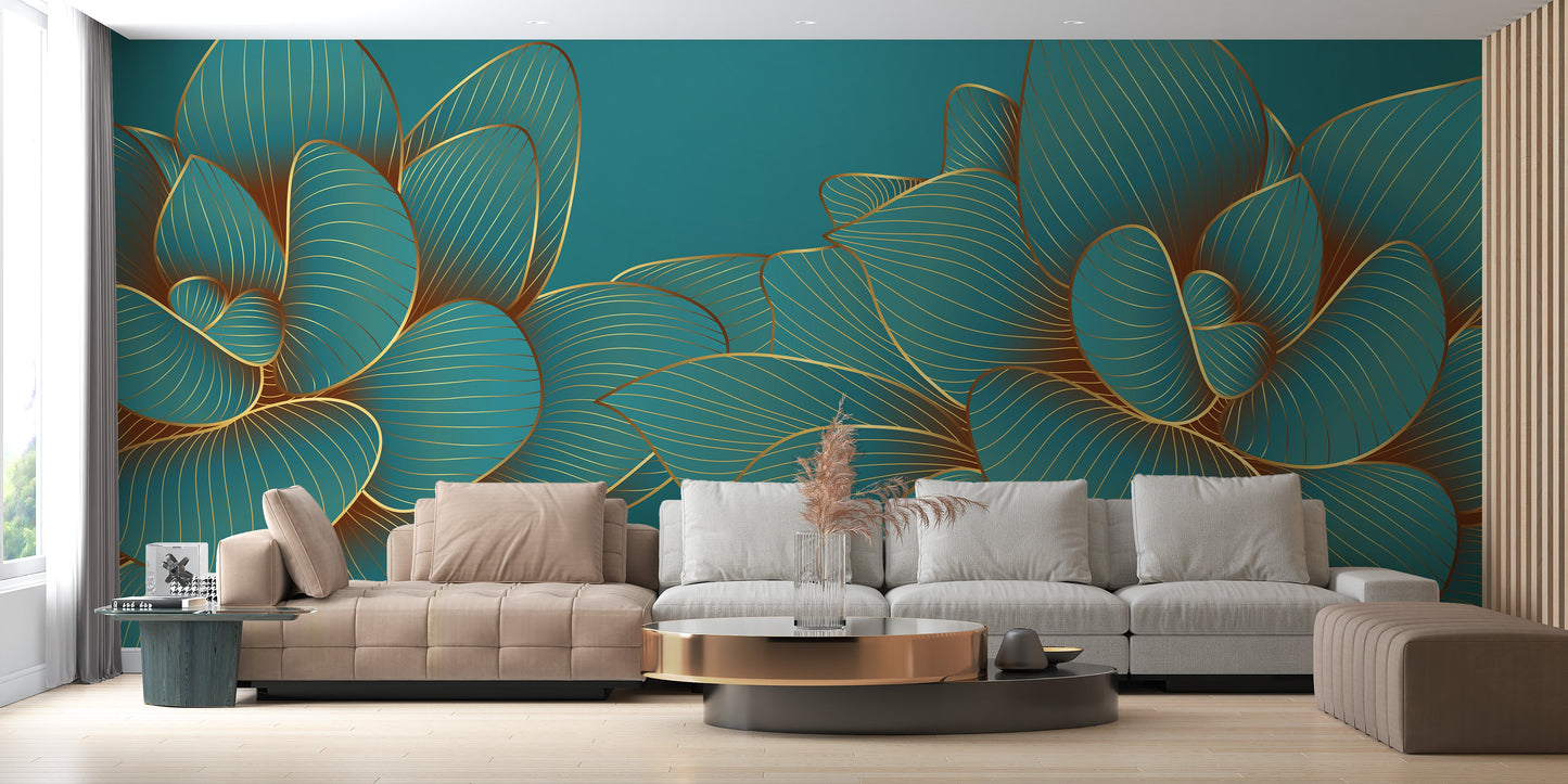 Gold Emerald Lotus Floral Wallpaper Mural - Giffywalls