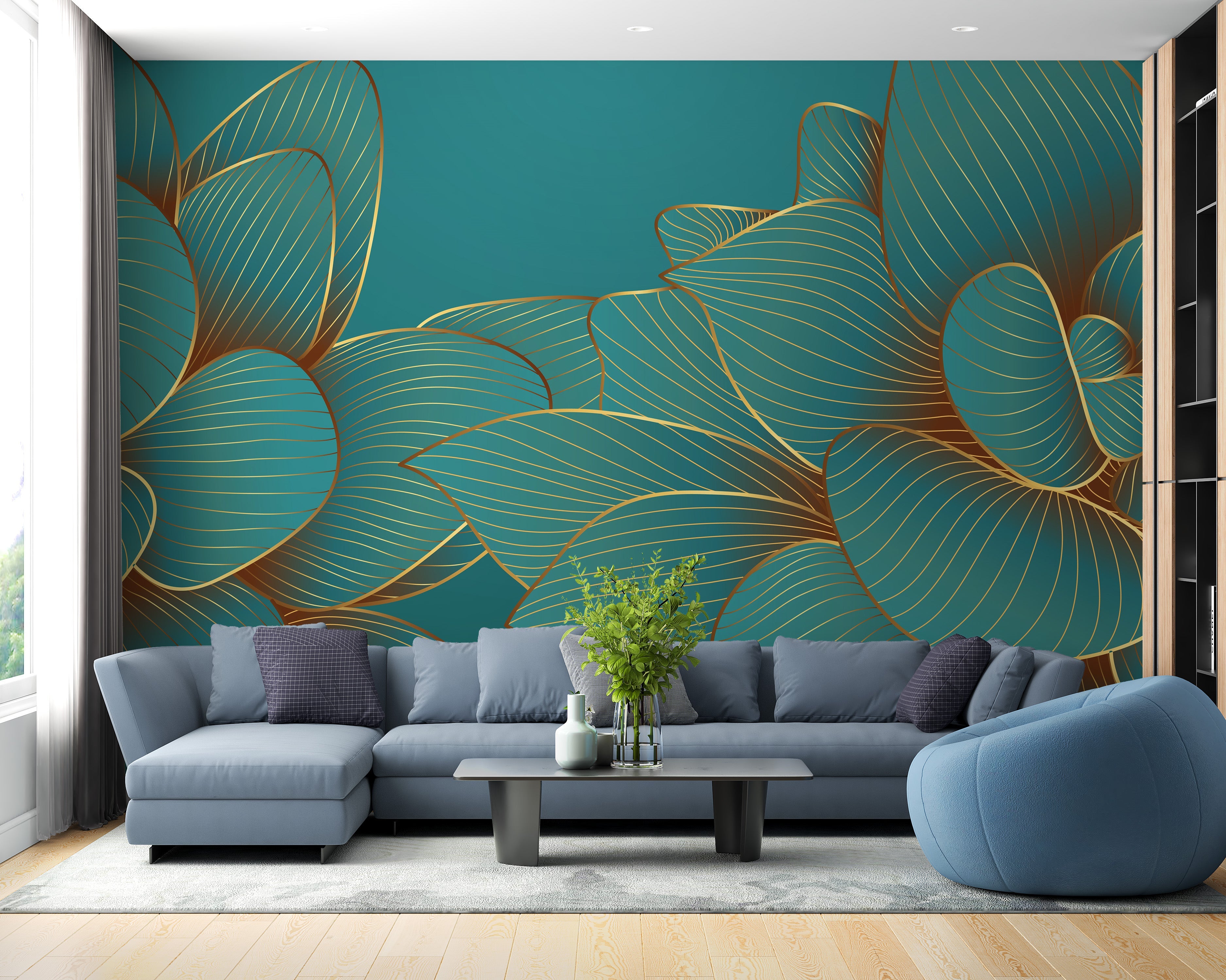 Gold Emerald Lotus Floral Wallpaper Mural - Giffywalls