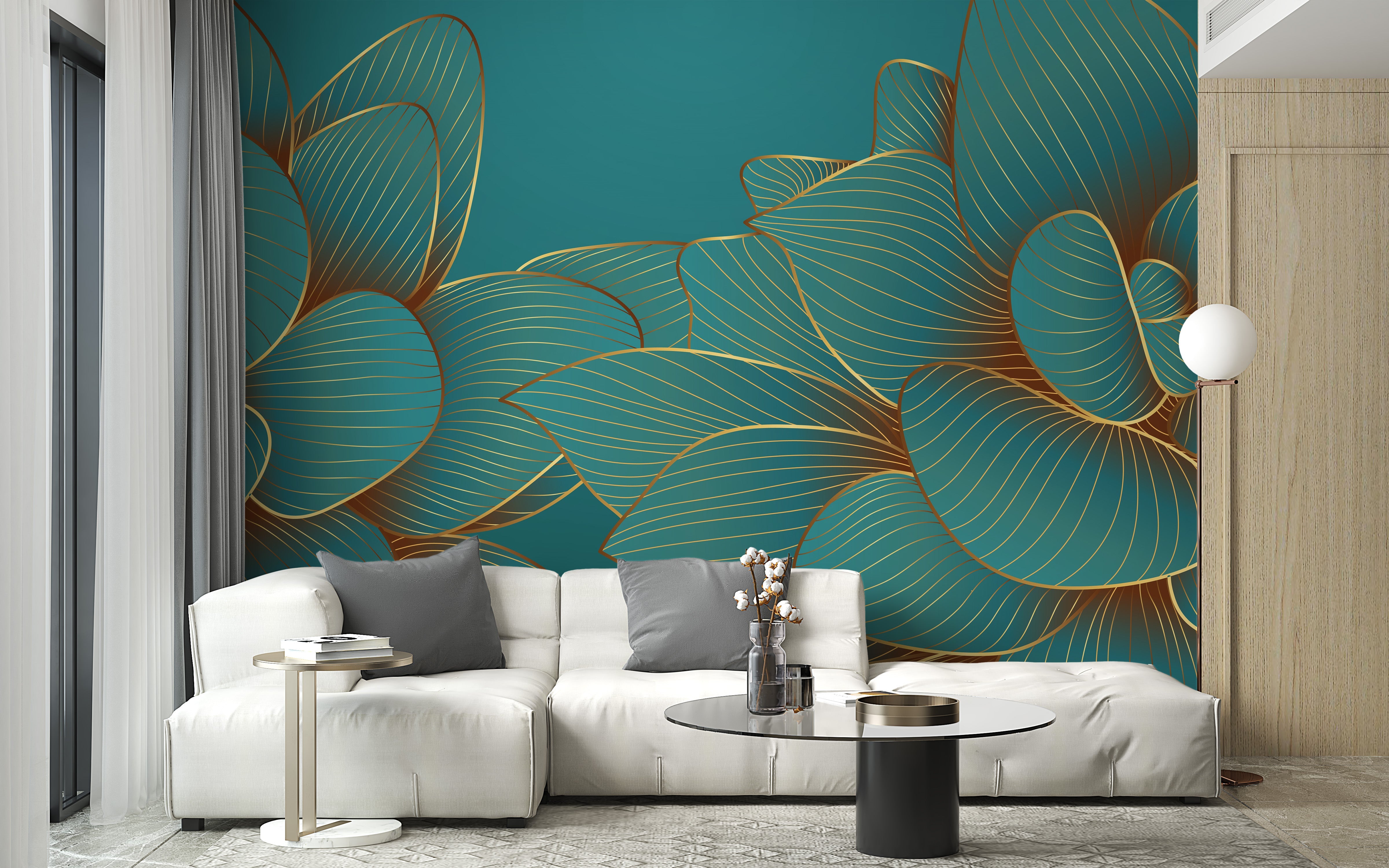 Gold Emerald Lotus Floral Wallpaper Mural - Giffywalls