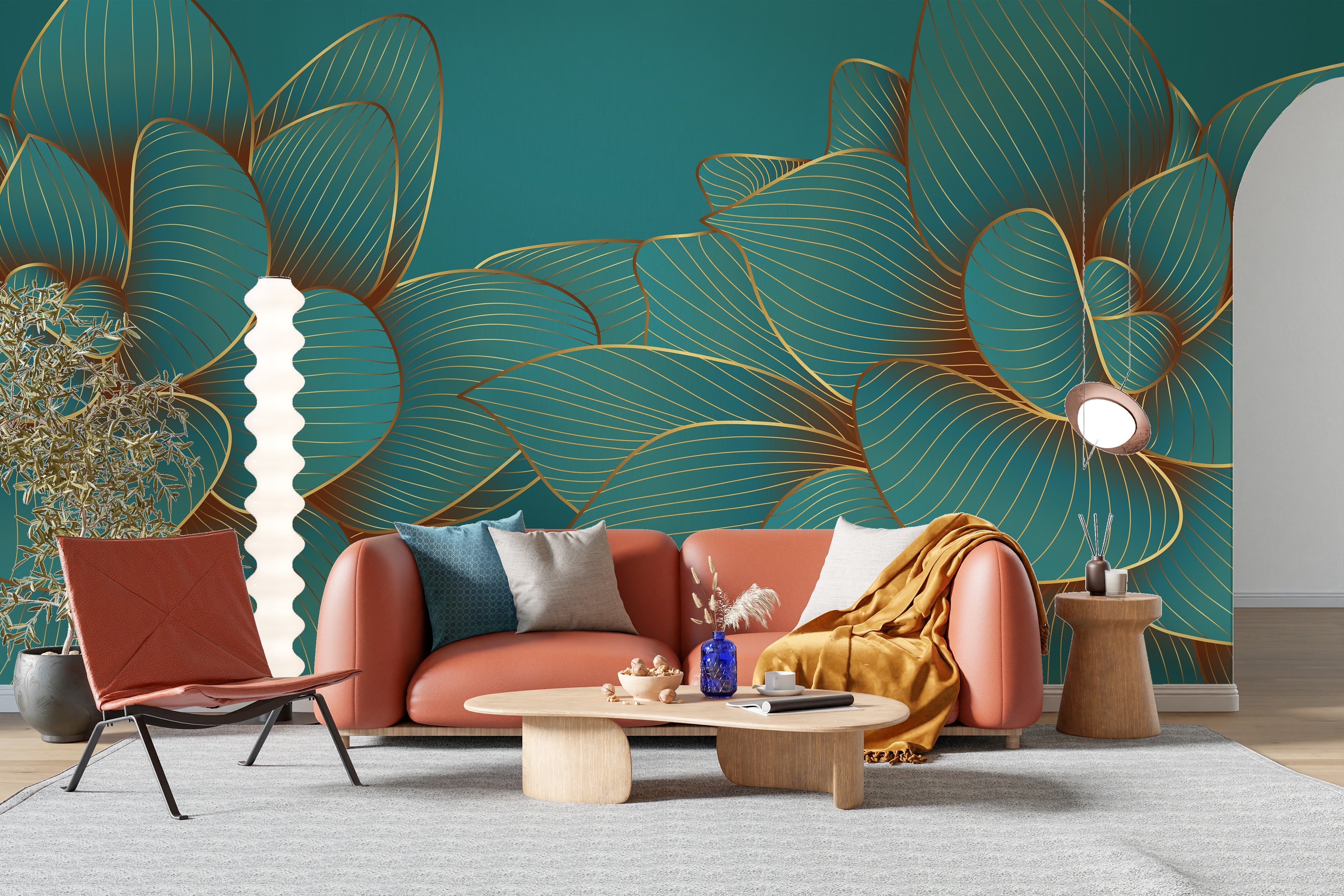 Gold Emerald Lotus Floral Wallpaper Mural - Giffywalls