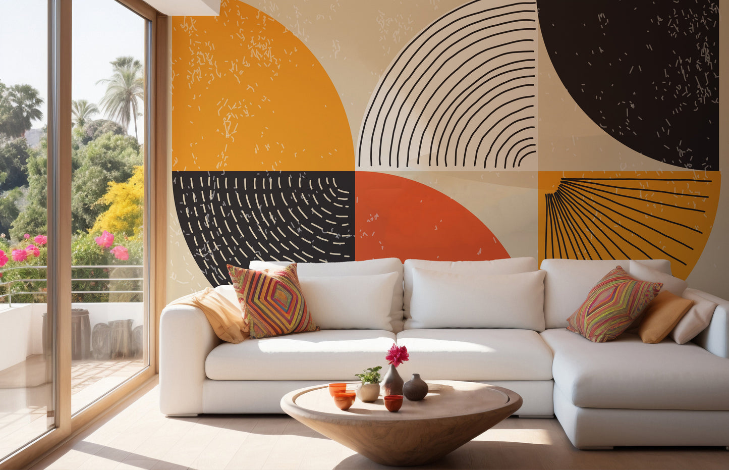 Bold Art Deco mural with colorful patterns
